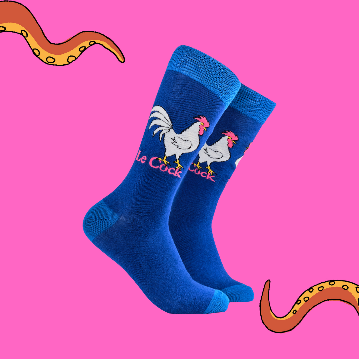 A pair of socks depicting a rooster whos in charge. Blue legs, light blue heel, toe and cuff.