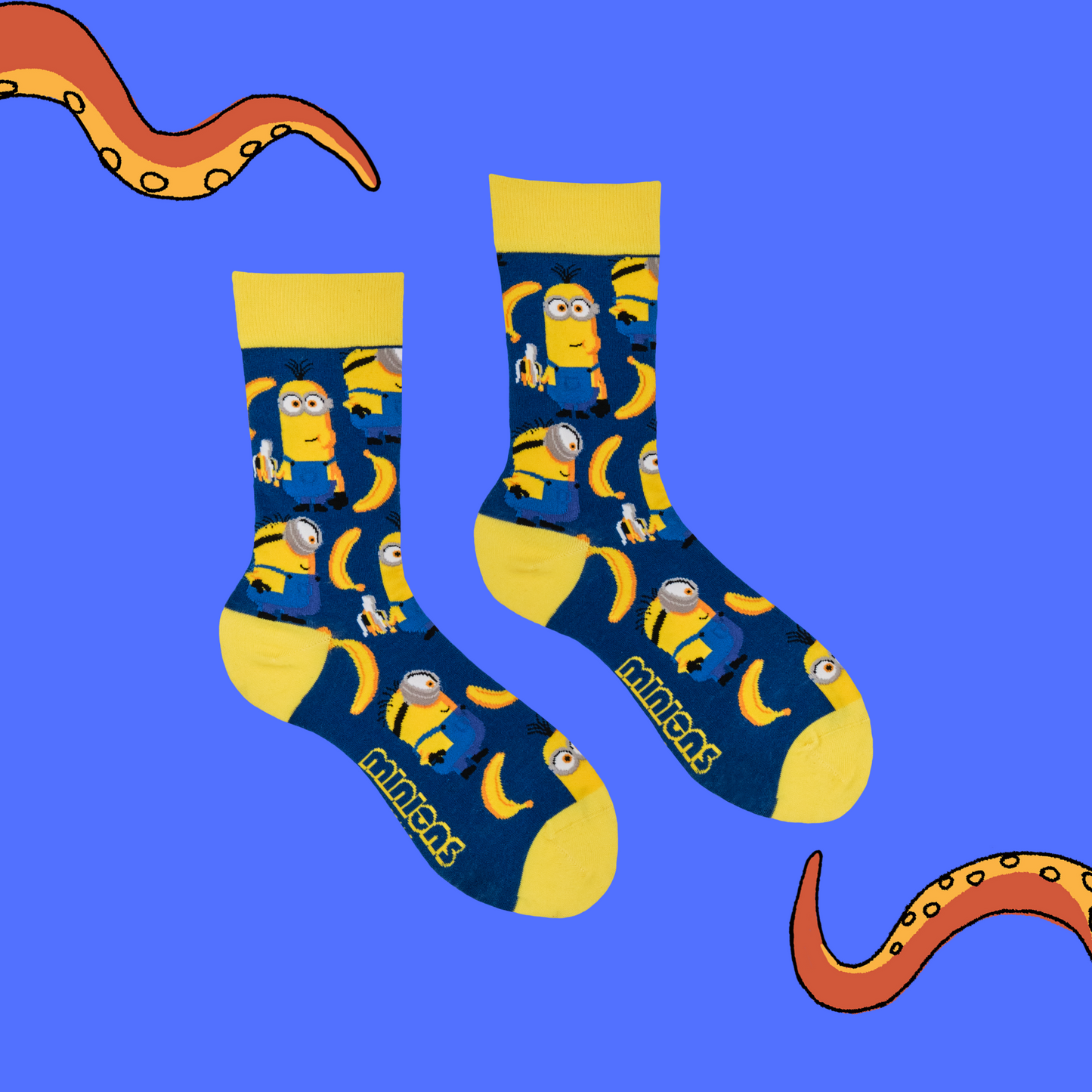 A pair of socks depicting the minions. And bananas. Blue legs, yellow heel toe and cuff.