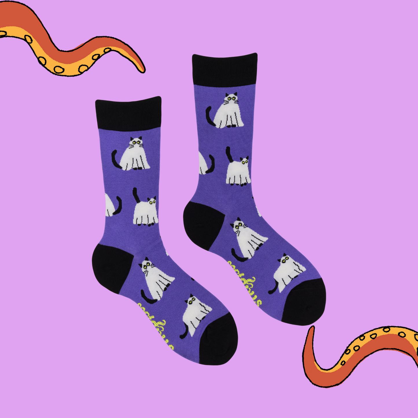 A pair of socks with a glow in the dark, spooky cat motif. Purple legs, black heel toe and cuff.