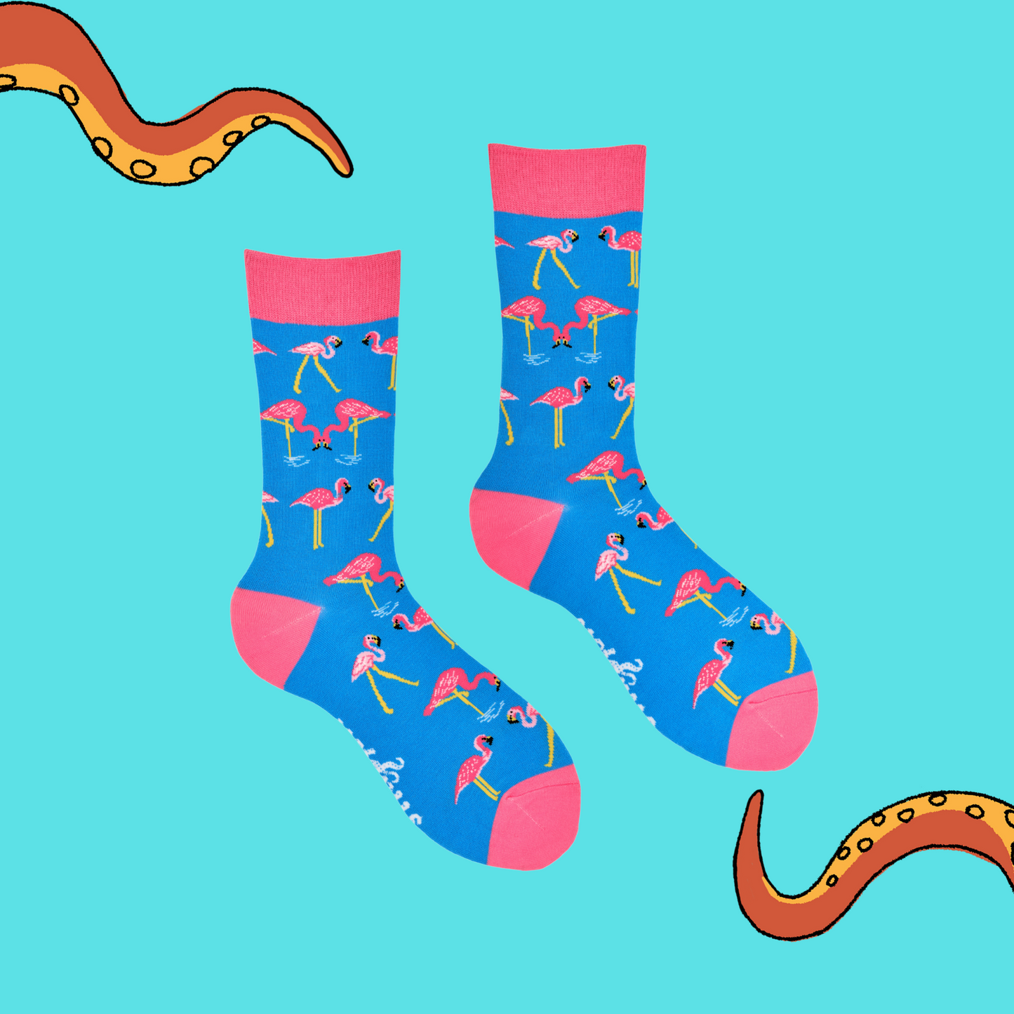 A pair of socks depicting flamingos. Light blue legs, pink cuff, heel and toe.