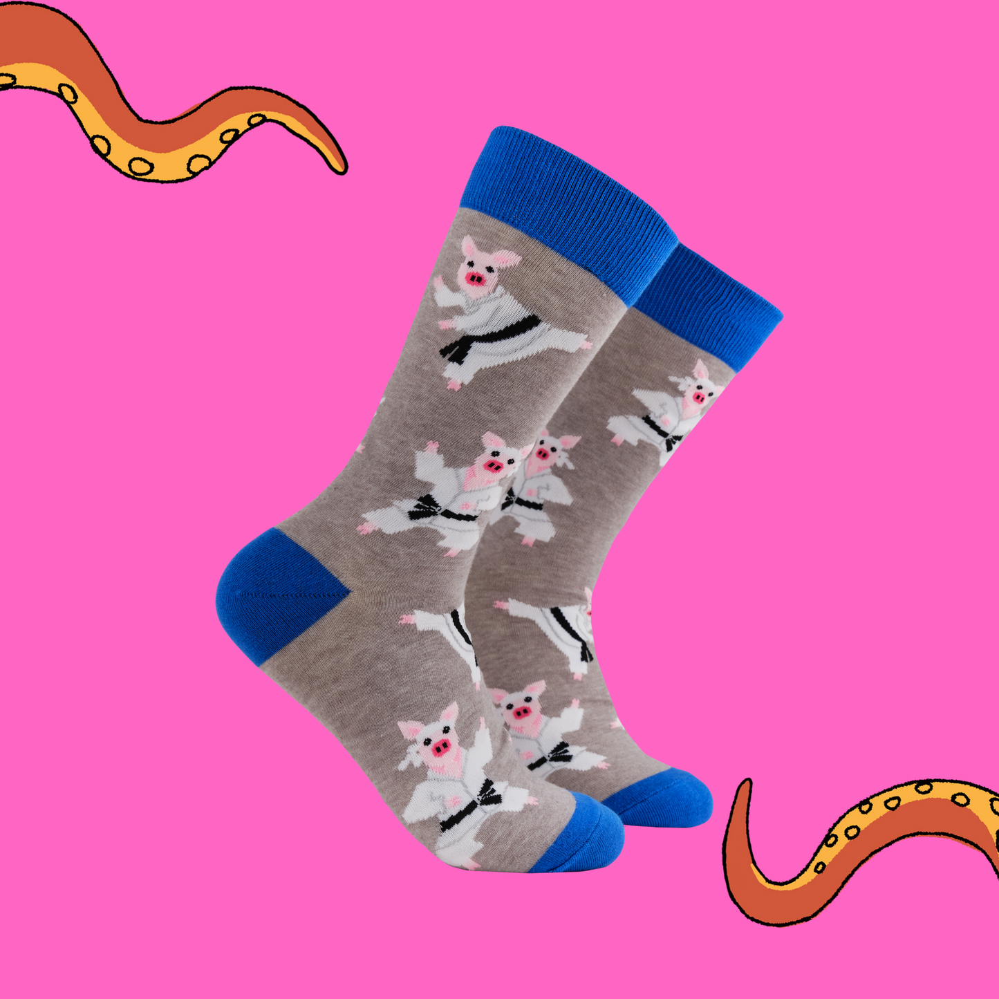 A pair of socks featuring pigs in karate gear. Grey legs, blue heel, toe and cuff.