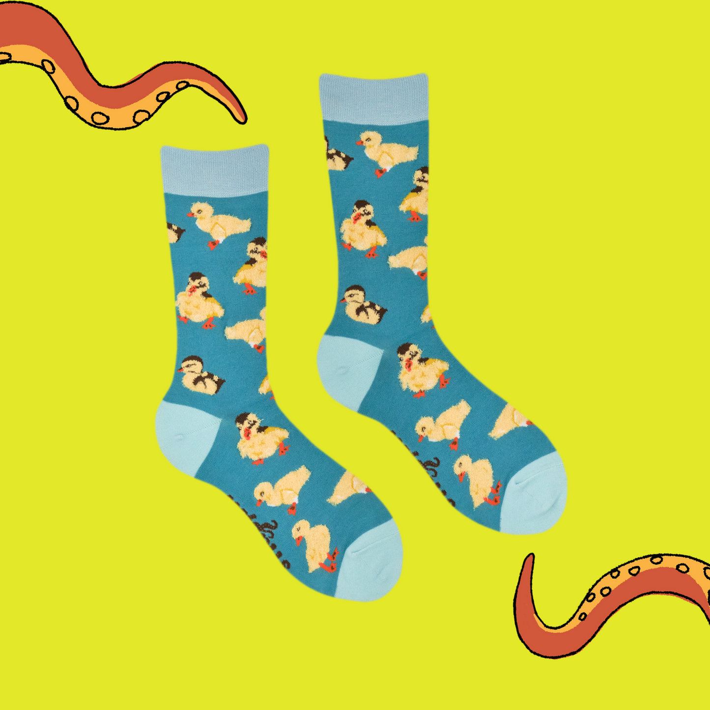 A pair of socks with fluffy ducklings. Teal legs, bright blue heel, toe and cuff.