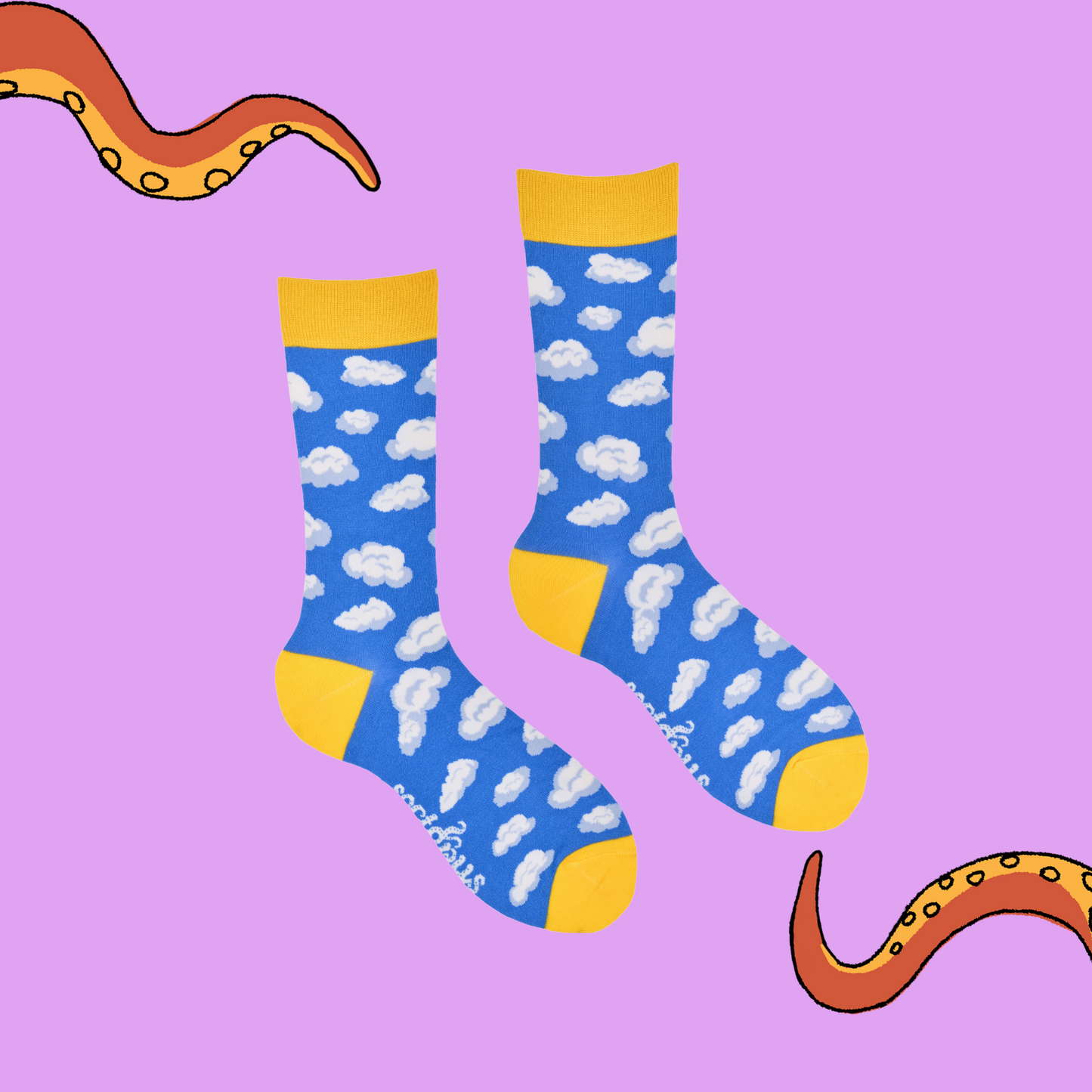 A pair of socks depicting little fluffy clouds. Blue legs, yellow cuff, heel and toe.