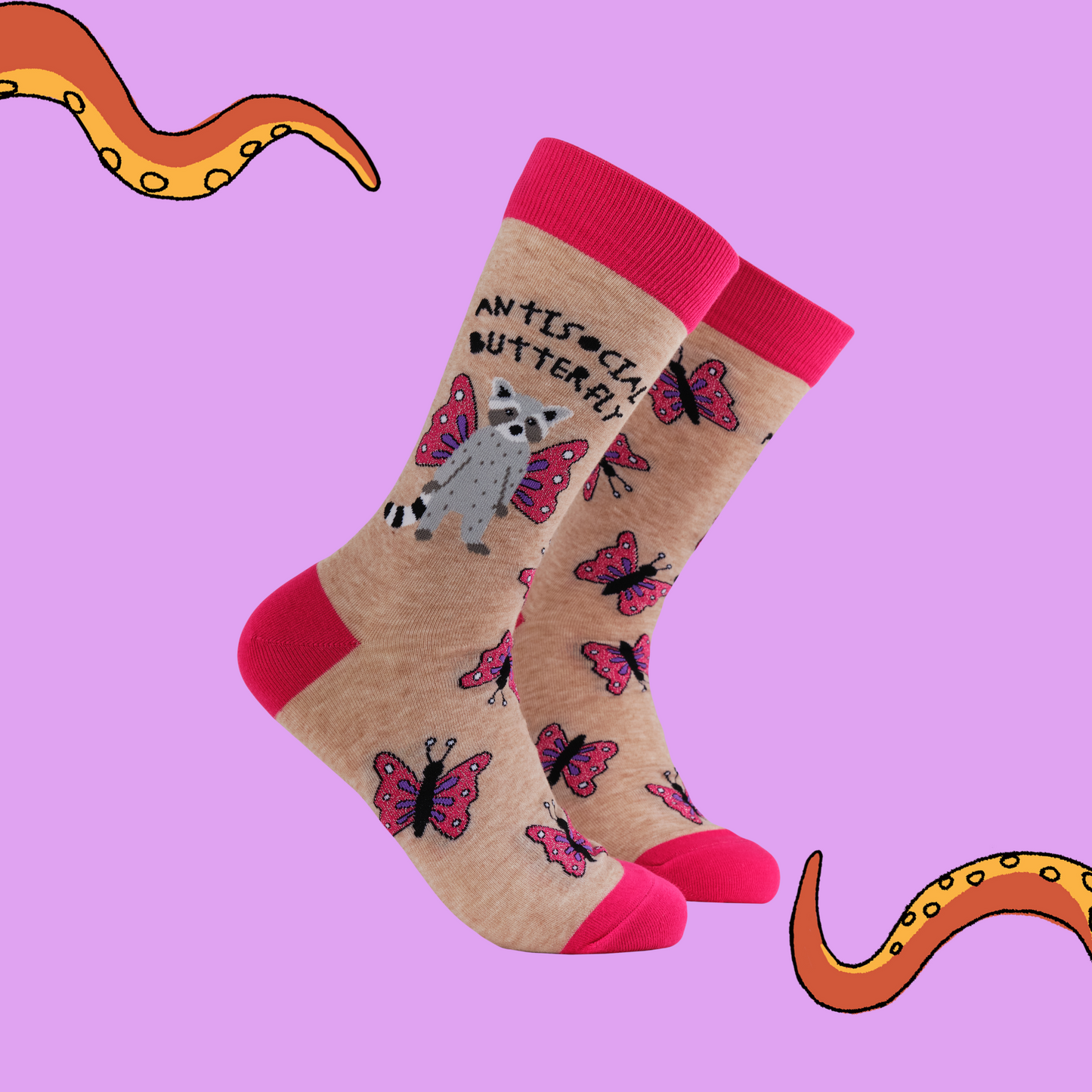 A pair of socks featuring a racoon and butterfly motif. Brown legs, hot pink heel toe and cuff.