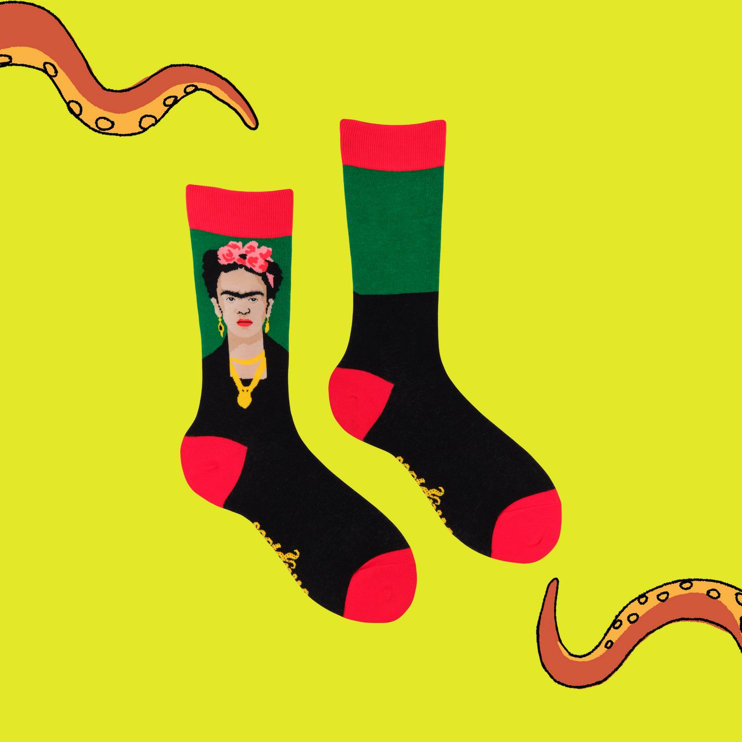 A pair of socks featuring the iconic artist. Red legs, heel and toe.