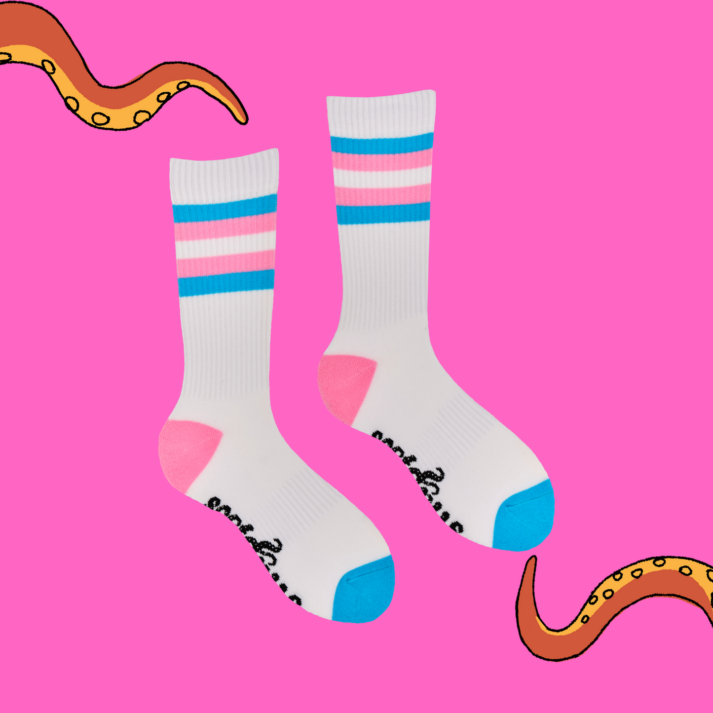 A pair of socks depicting tea cups and tea pots. White legs, pink and blue striped cuff, heel and toe.