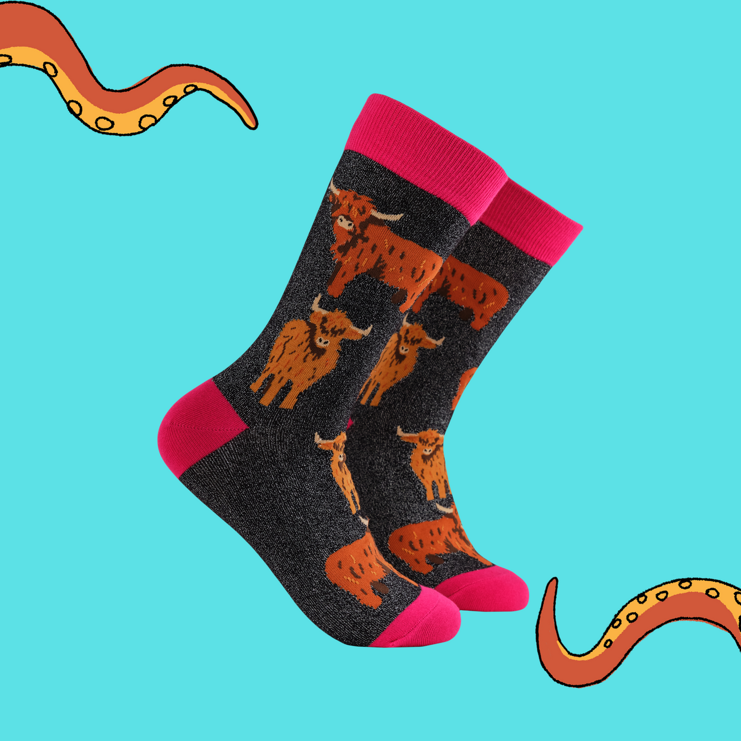 A pair of socks featuring highland cows. Grey legs, pink heel toe and cuff.