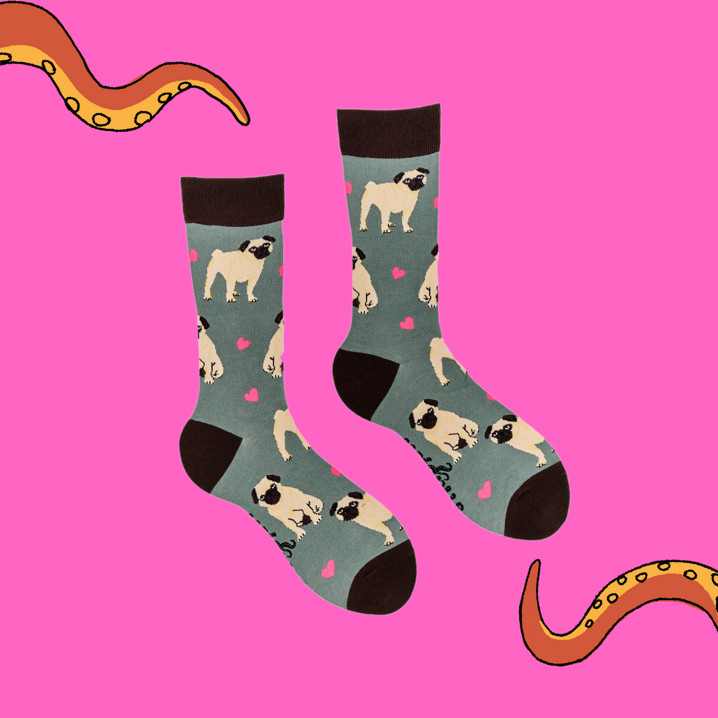 A pair of socks depicting hearts and pugs. Green legs, brown cuff, heel and toe