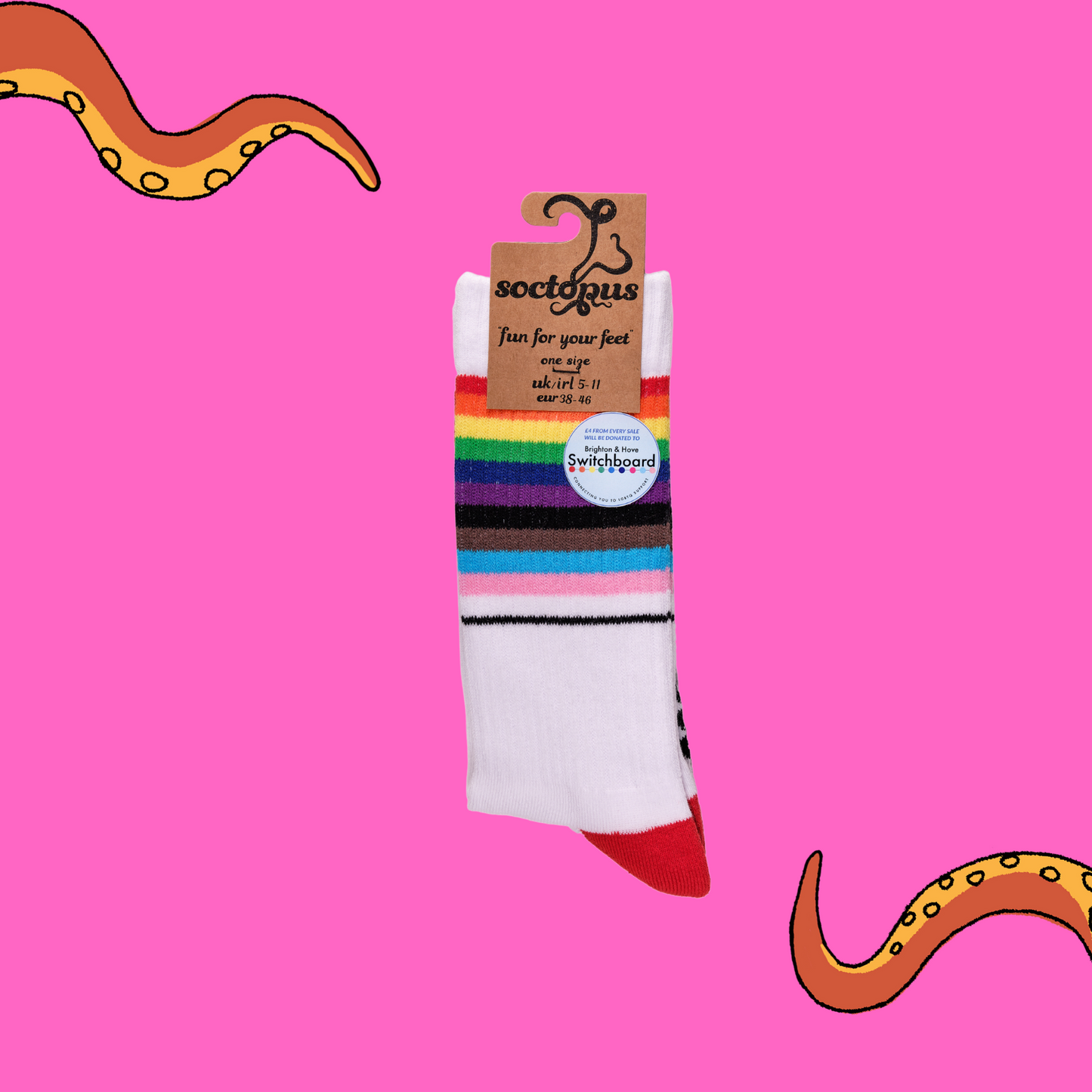 A pair of socks depicting the pride flag. White legs, white cuff, red heel and toe. In Soctopus Packaging.