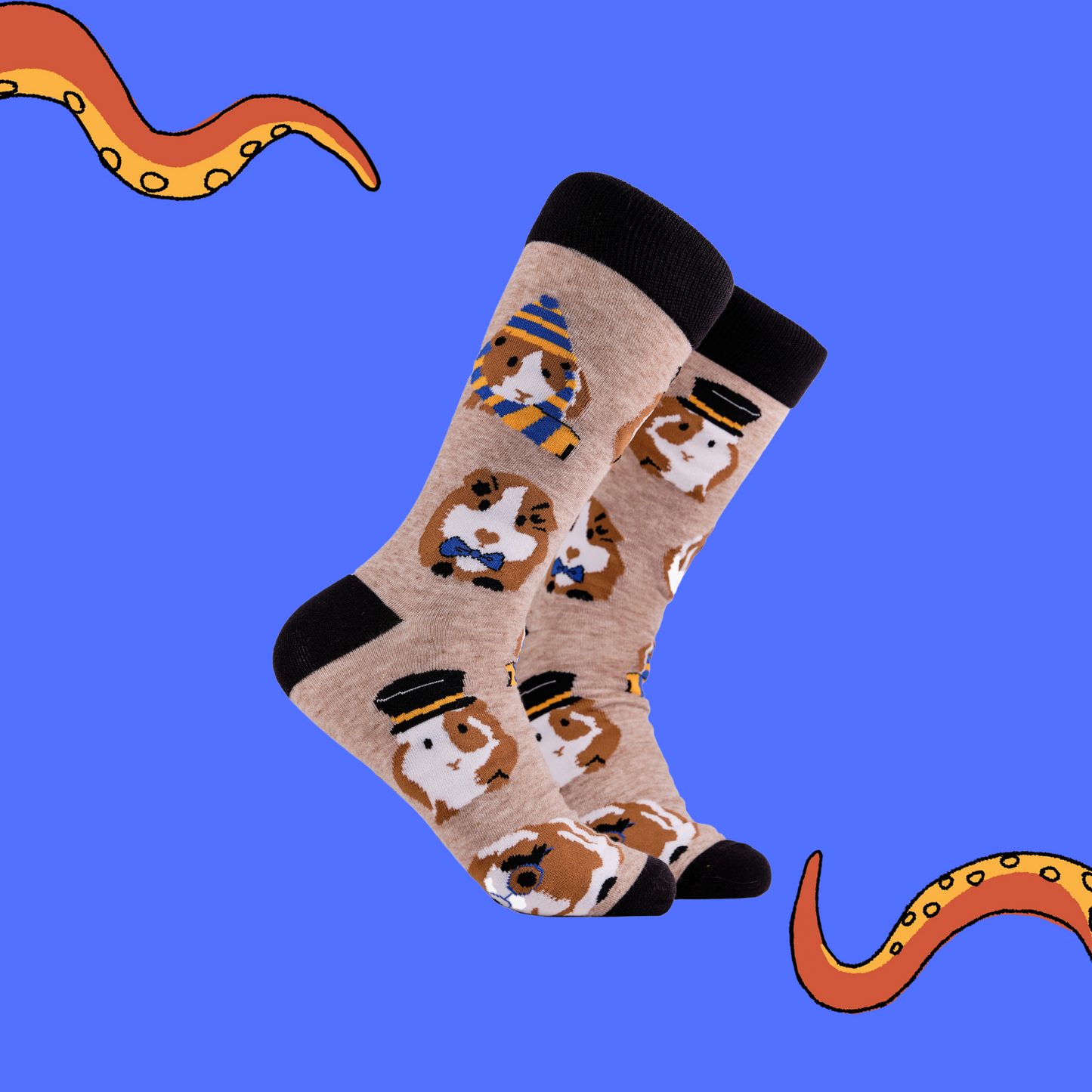 A pair of socks depicting Guinea Pigs dressed as toffs. Brown legs, black cuff, heel and toe.