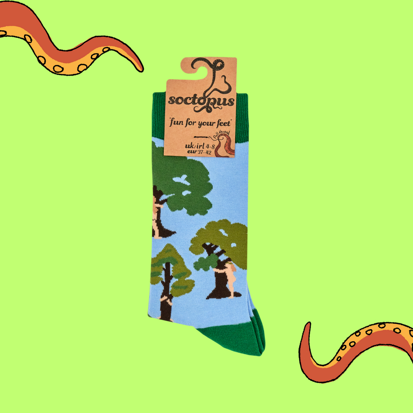 A pair of socks featuring tree huggers. Blue legs, green heel, toe and cuff.