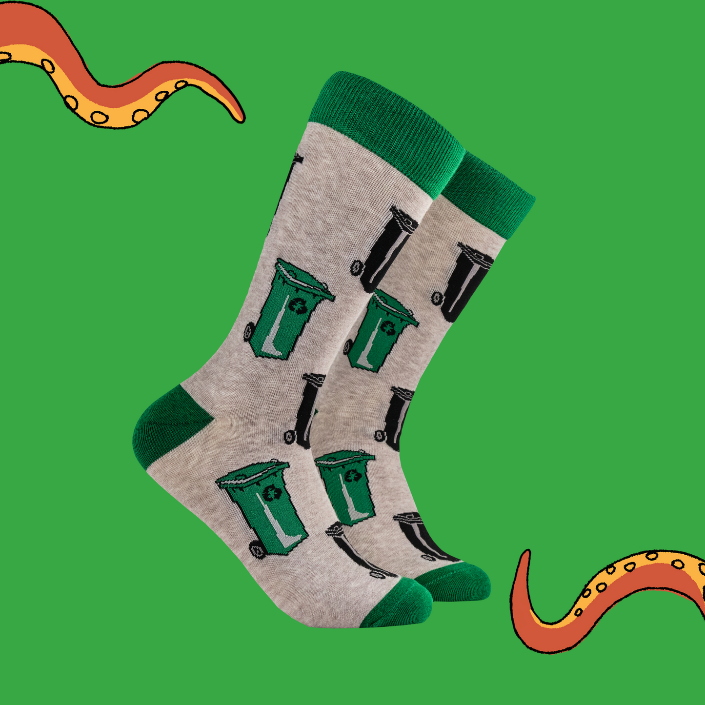 A pair of socks depicting wheelie bins. Brown legs, green toe, cuff and heel.