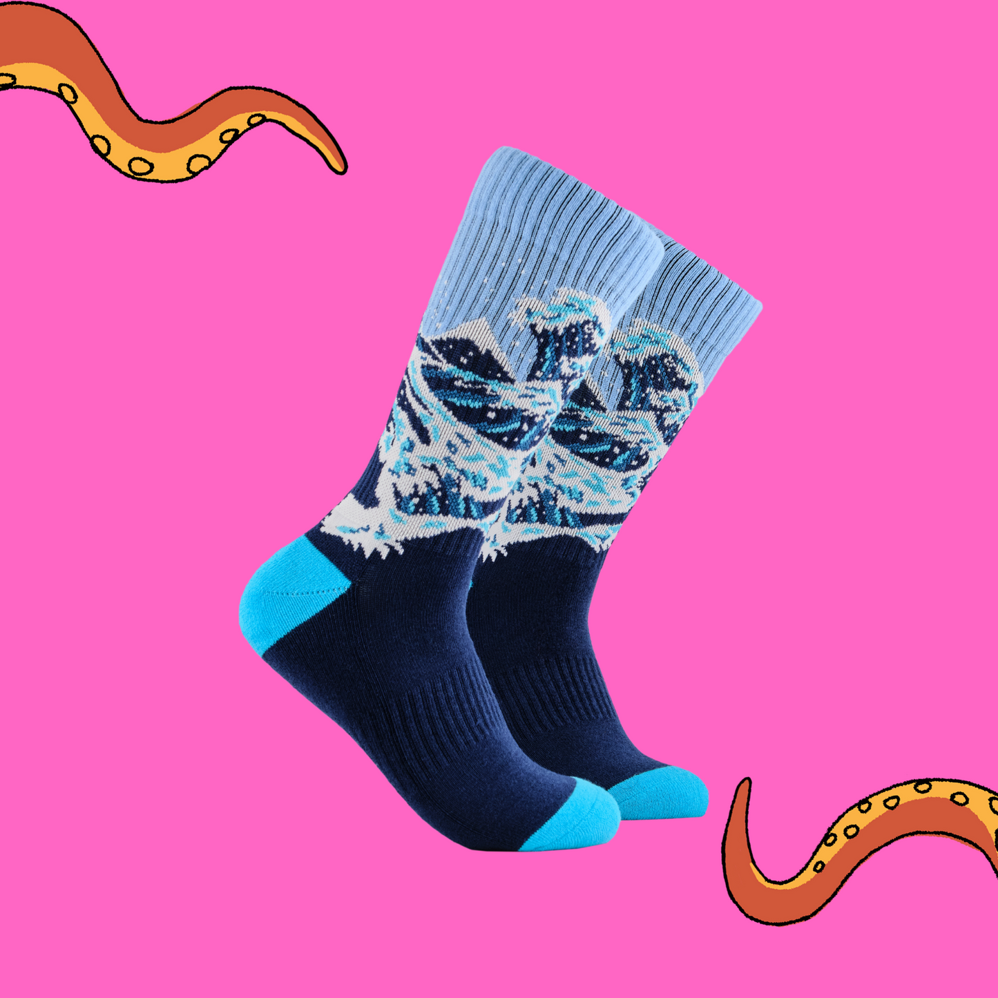 A pair of athletic socks featuring the classic wave art print. Blue and white.