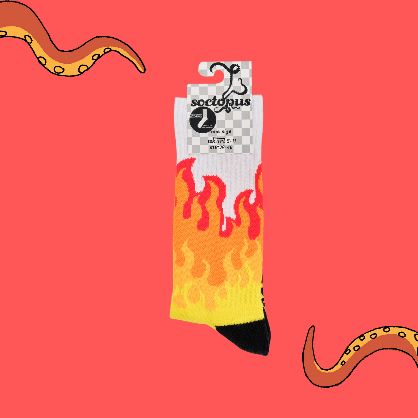 A pair of socks depicting rising flames. Yellow legs, white cuff, black heel and toe. In Soctopus Packaging.