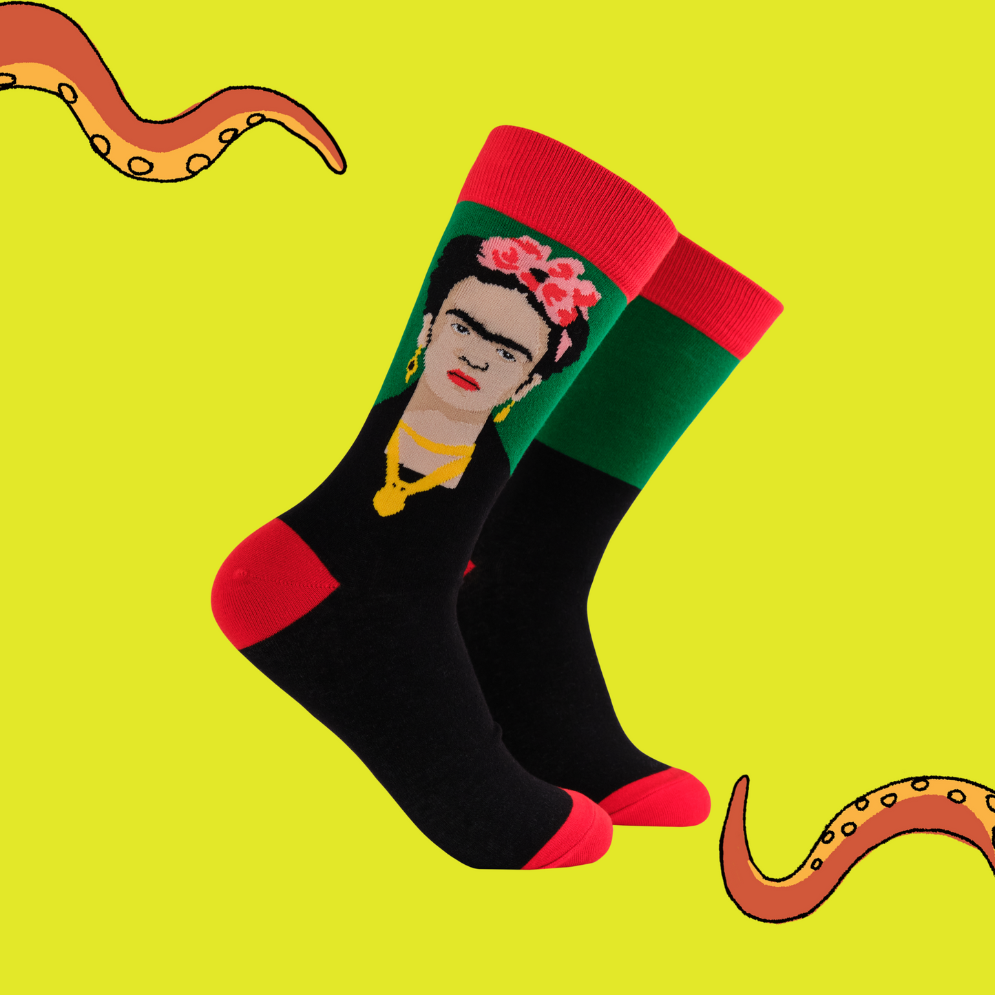 A pair of socks featuring the iconic artist. Red legs, heel and toe.