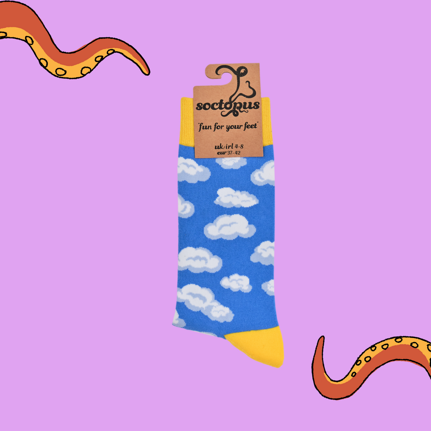 A pair of socks depicting little fluffy clouds. Blue legs, yellow cuff, heel and toe. In Soctopus Packaging.