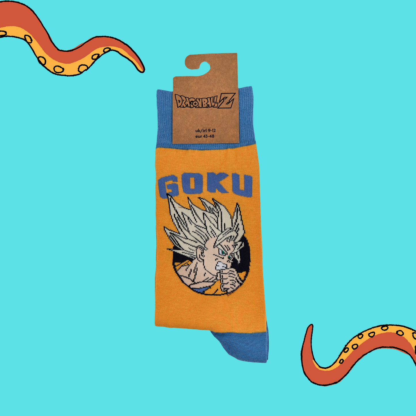 A pair of socks depicting Super Saiyan Goku. Orange legs, light blue heel, toe and Cuff.