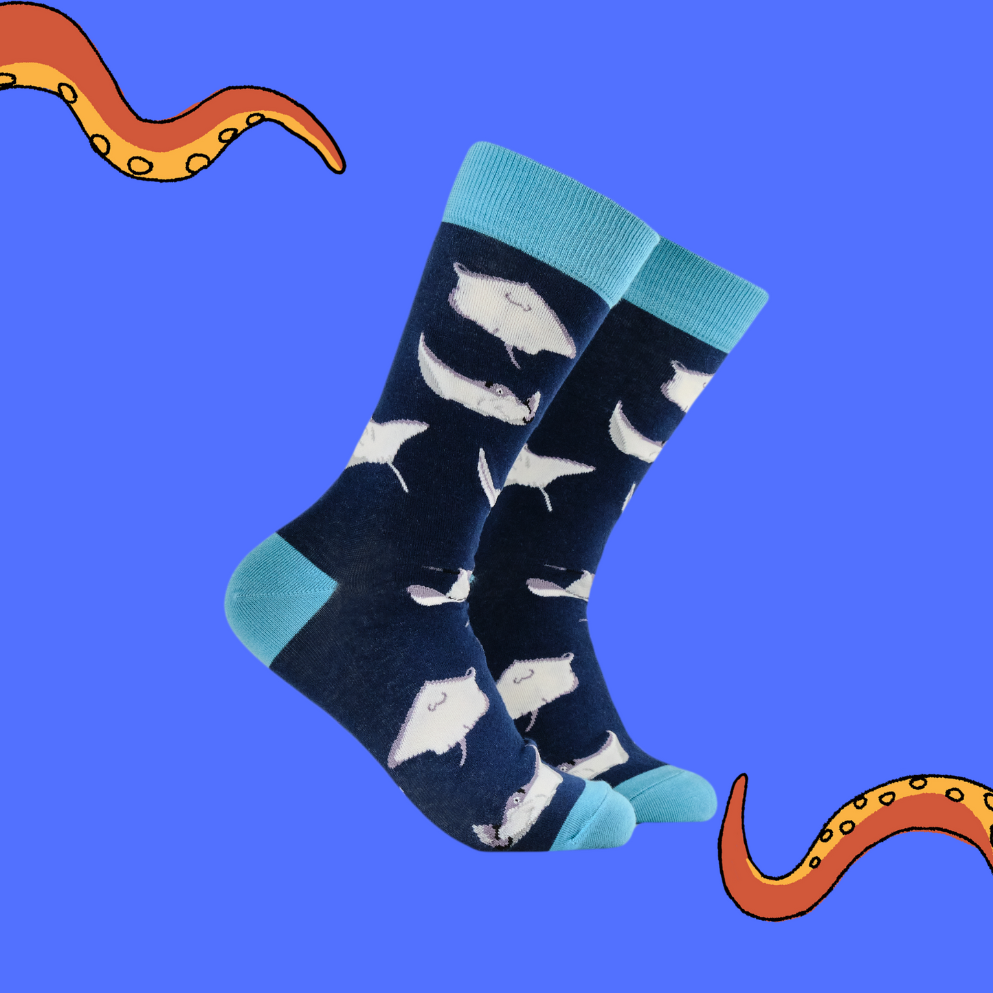 A pair of socks featuring sting rays. Dark blue legs, light blue heel, toe and cuff.