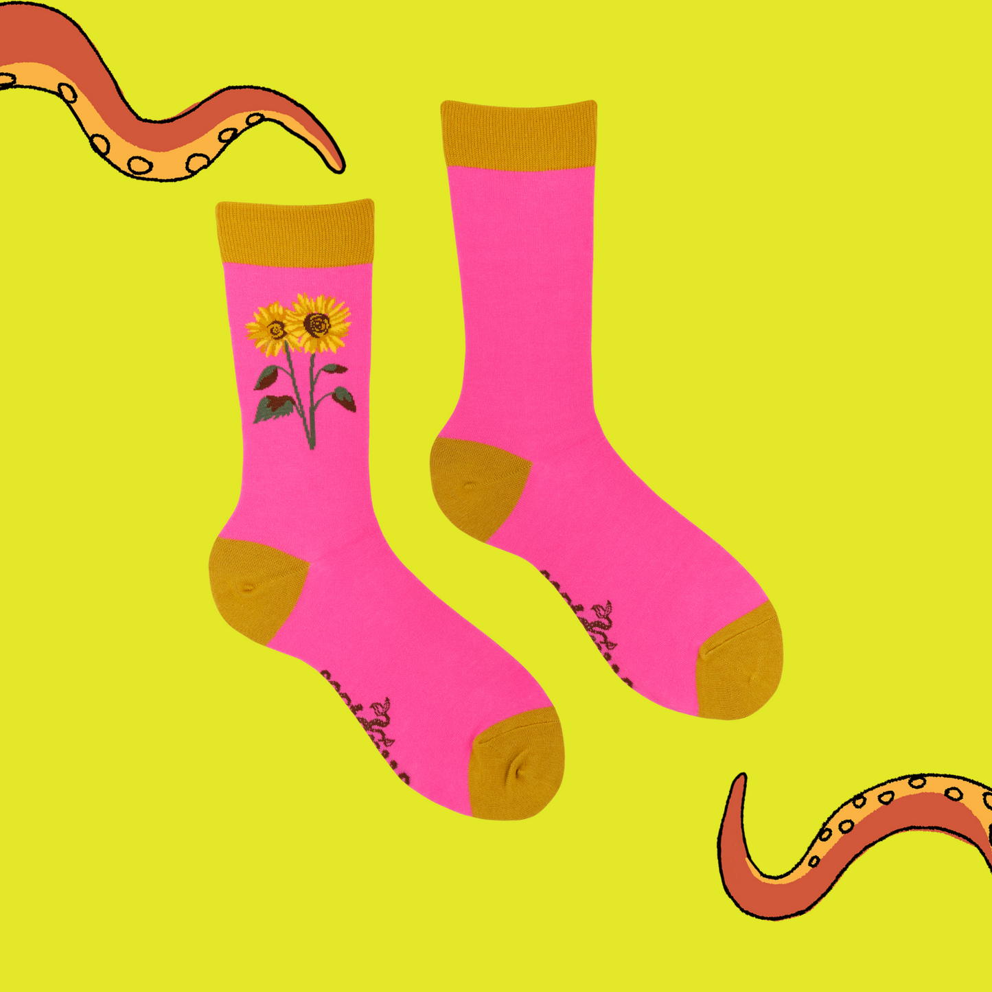 Pink socks with sunflower design on a yellow background with octopus tentacles.
