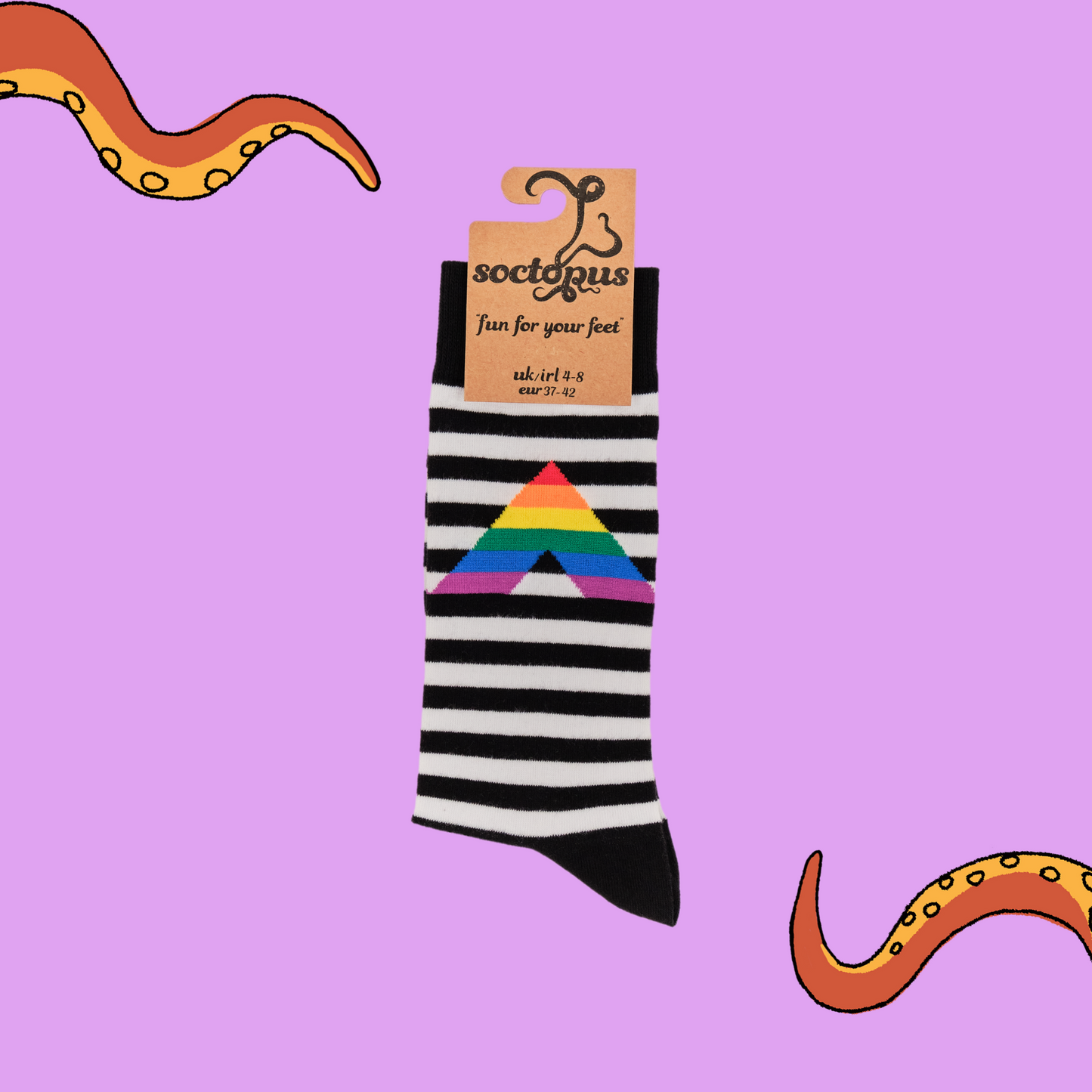 A pair of socks depicting a rainbow ally sign. Black and white striped legs, black cuff, heel and toe. In Soctopus Packaging.