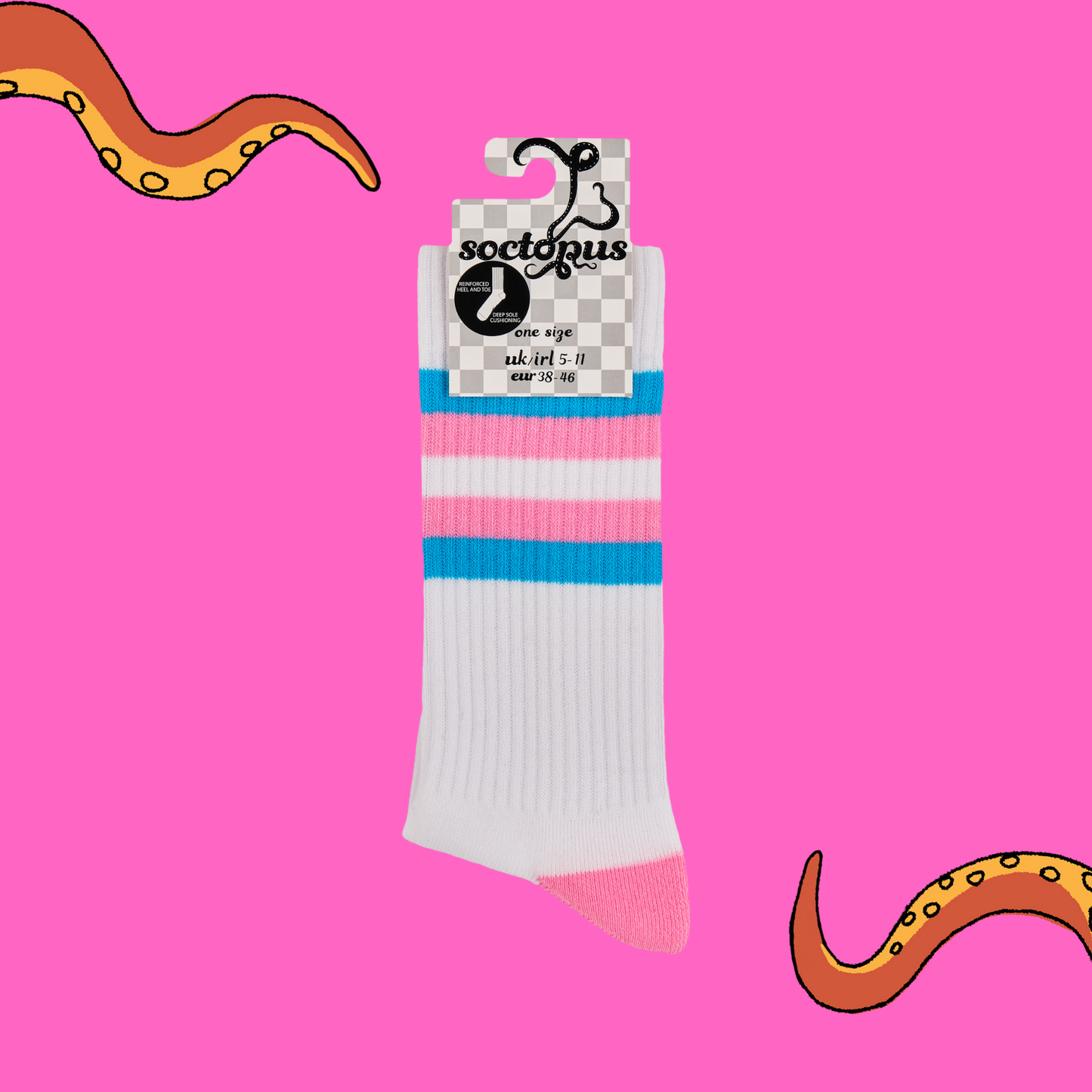 A pair of socks depicting tea cups and tea pots. White legs, pink and blue striped cuff, heel and toe. In Soctopus Packaging.