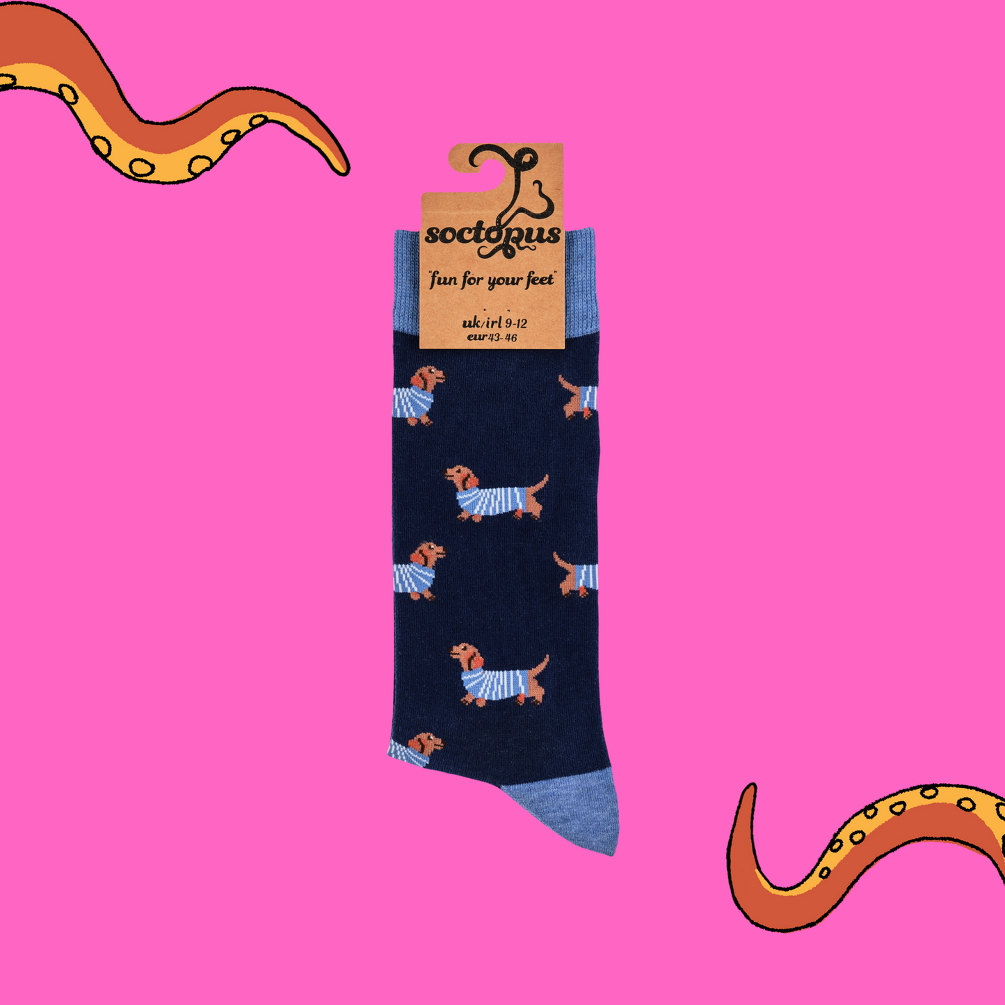 A pair of socks depicting sausage dogs wearing jumpers. Dark legs, light blue cuff, heel and toe. In Soctopus Packaging.