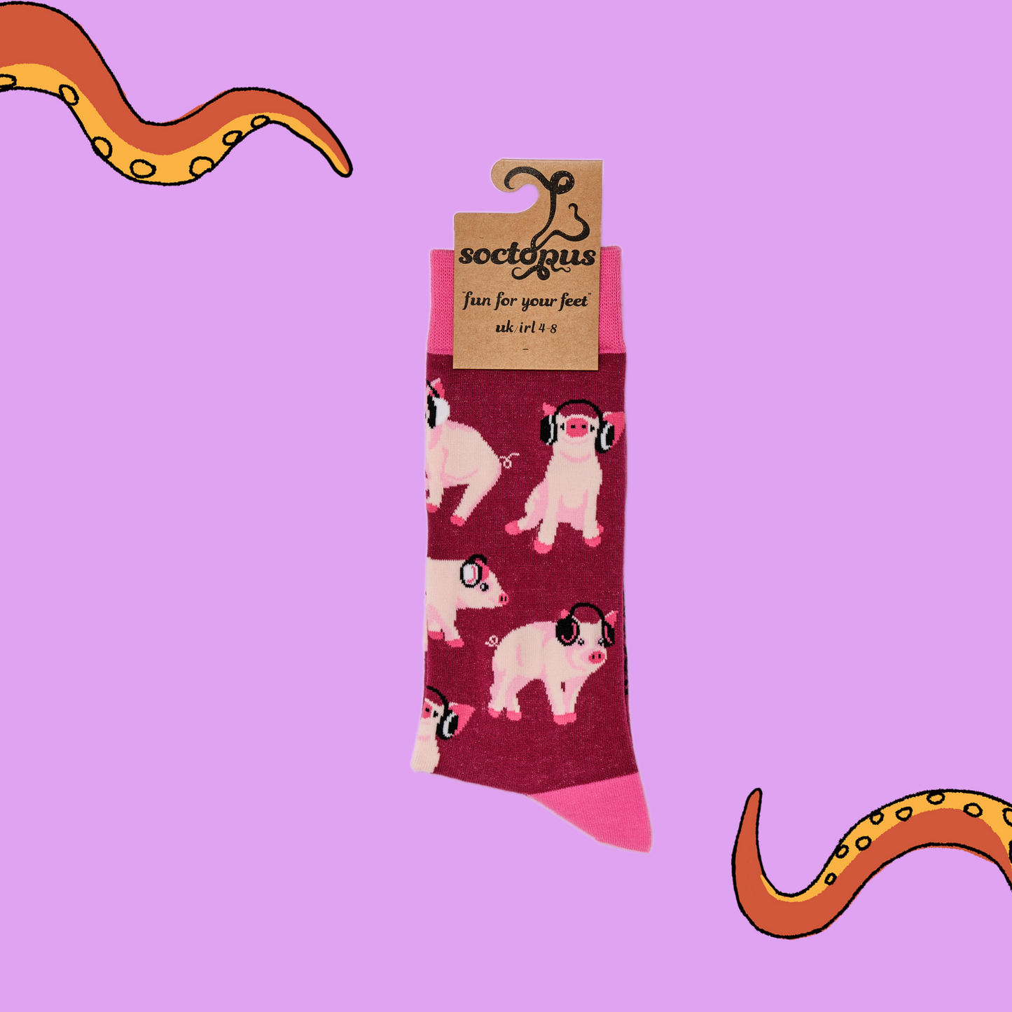 A pair of socks depicting Pigs being wearing headphones. Burgundy legs, pink cuff, heel and toe. In Soctopus packaging. Lilac background with Soctopus tentacles.