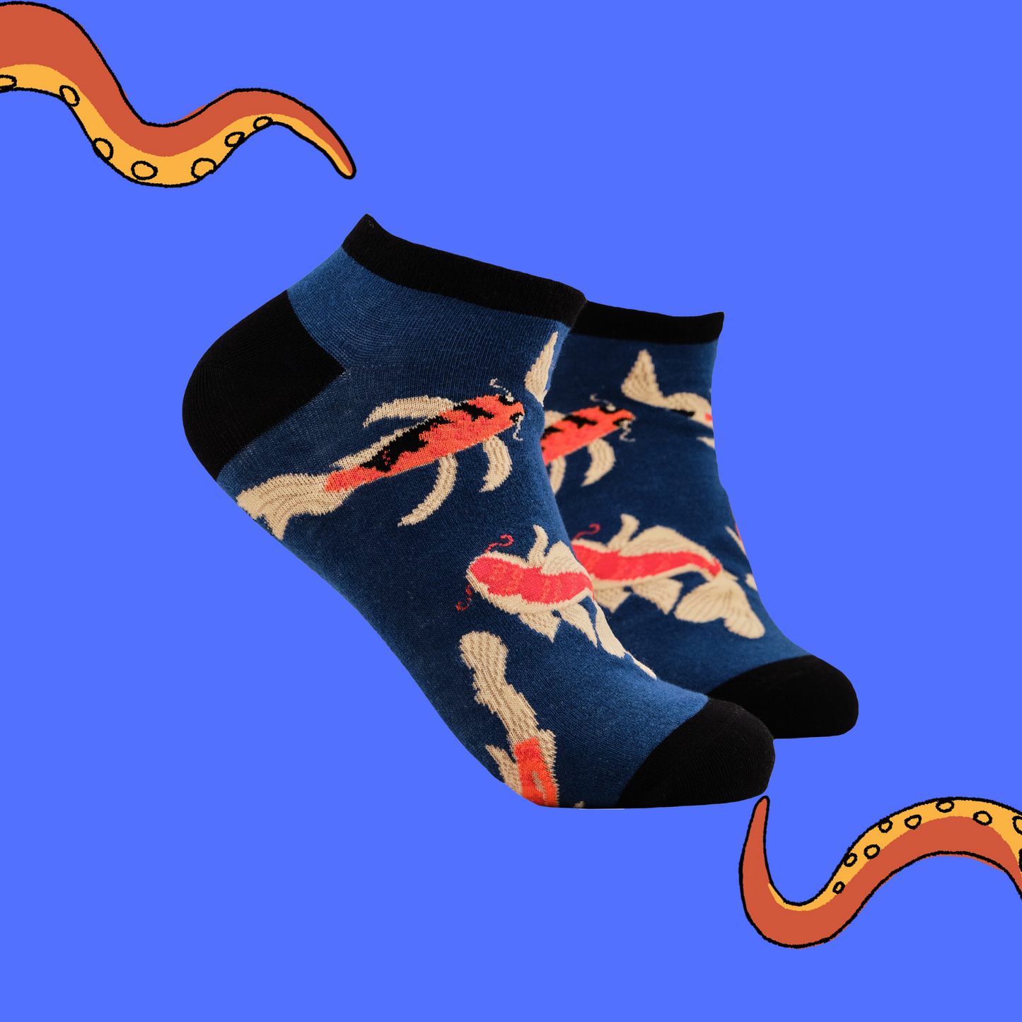 A pair of trainer socks with a koi carp motif.