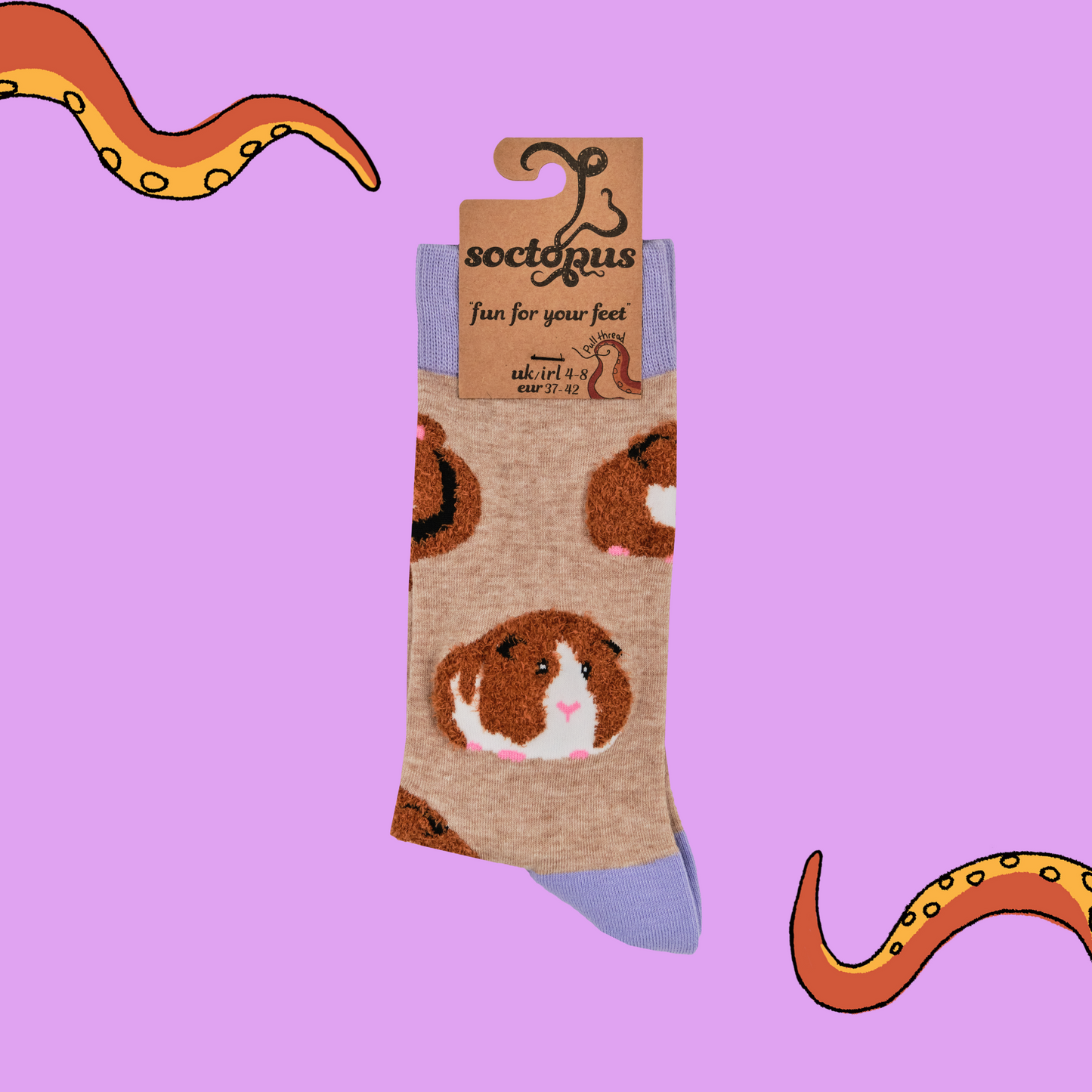 A pair of socks with fluffy guinea pigs. Brown legs, purple heel, toe and cuff.