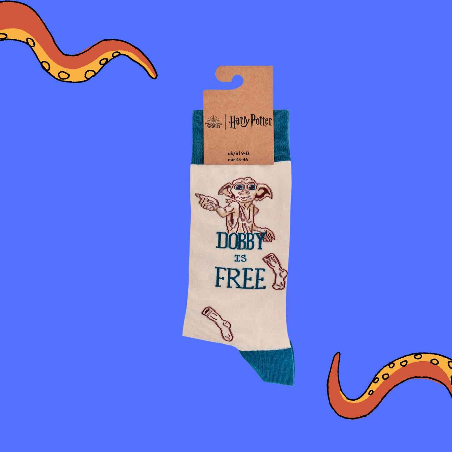 A pair of socks depicting Dobby the house elf. Cream legs, blue cuff, heel and toe. In Soctopus Packaging.