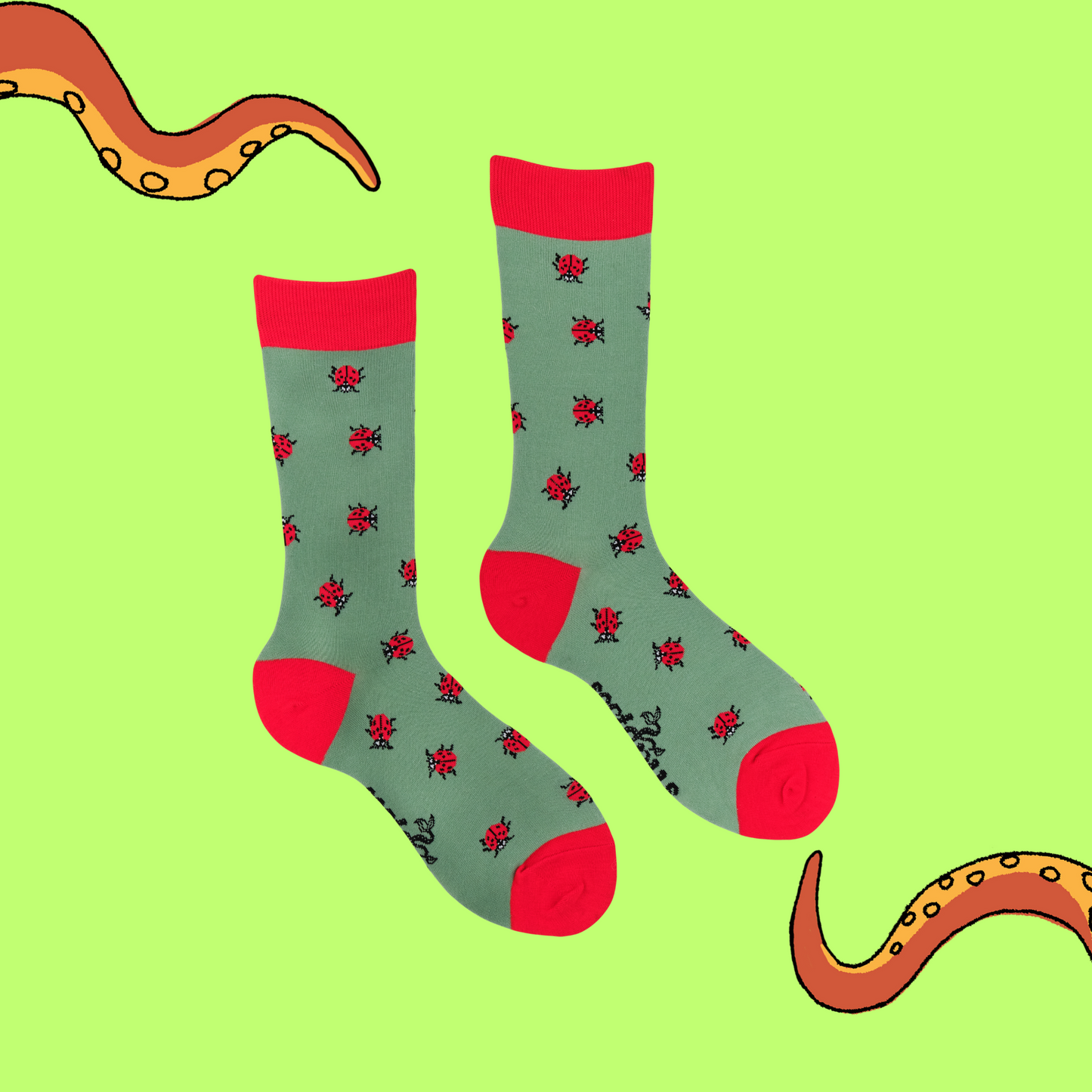 A pair of socks with a ladybird motif. Green legs, red heel, toe and cuff.