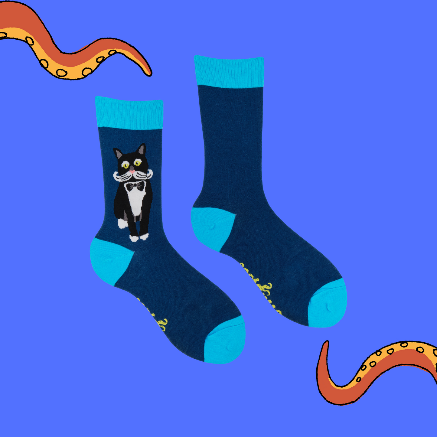 A pair of socks featuring a posh looking cat. Blue legs, light blue heel, toe and cuff.
