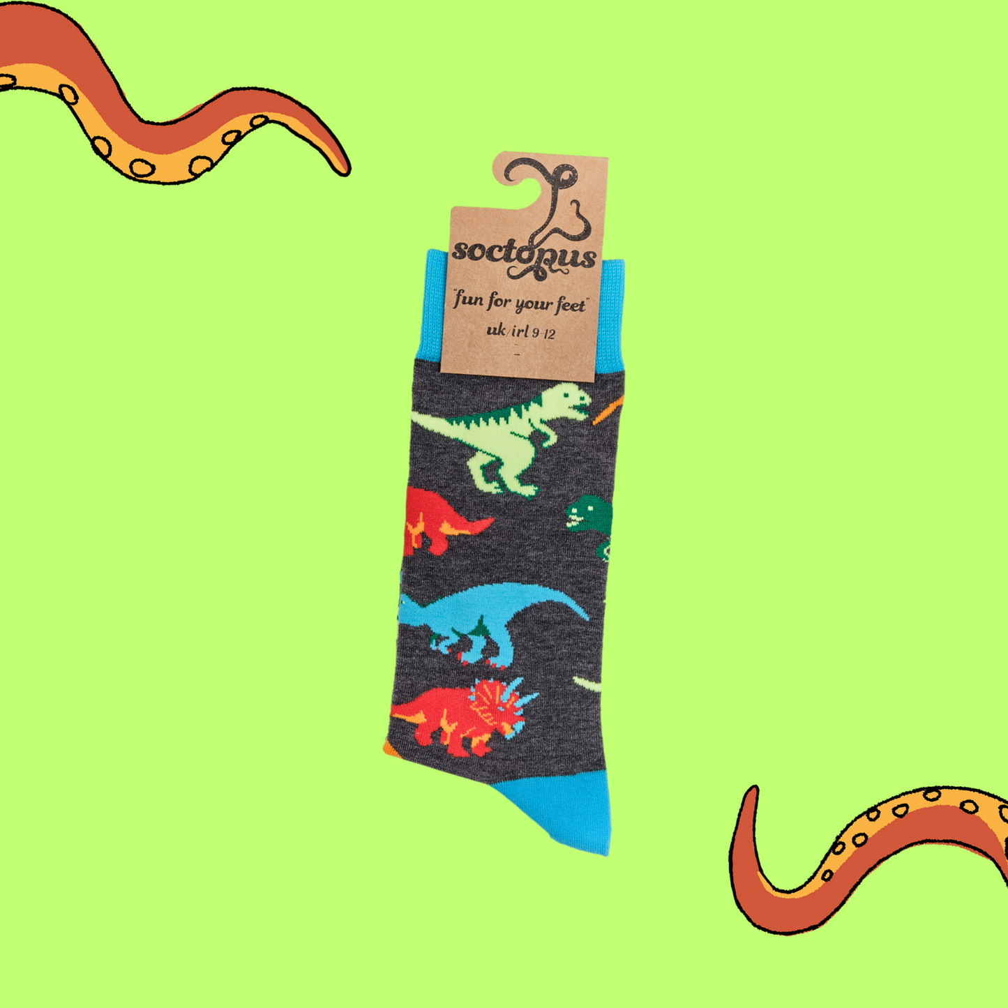 A pair of socks depicting dinosaurs. Grey legs, light blue cuff, heel and toe. In Soctopus Packaging.