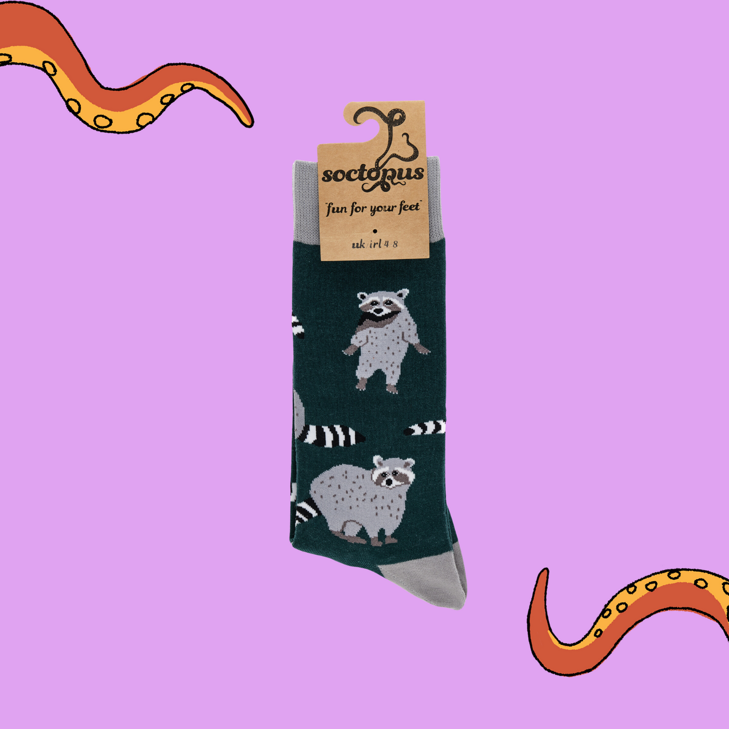 A pair of socks depicting raccoons. Green legs, grey cuff, heel and toe. In Soctopus Packaging.