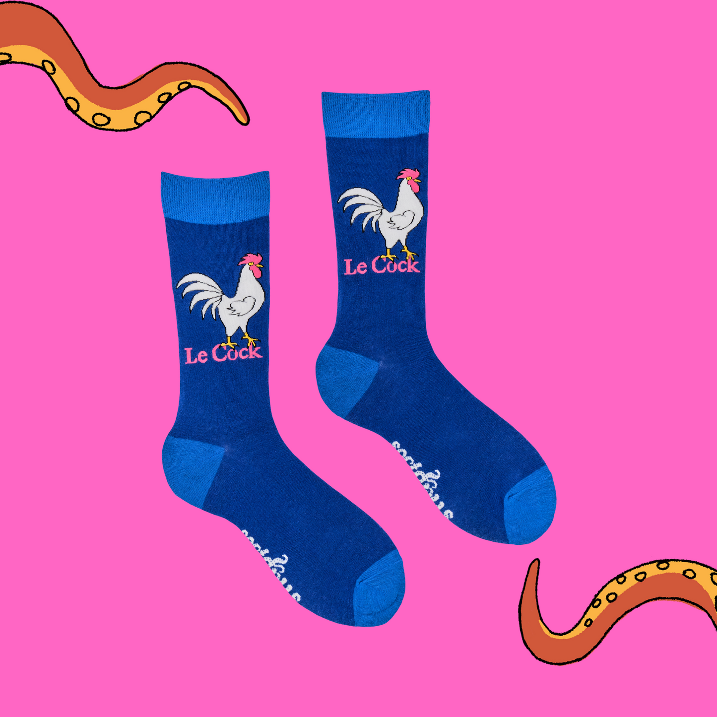 A pair of socks depicting a rooster whos in charge. Blue legs, light blue heel, toe and cuff.