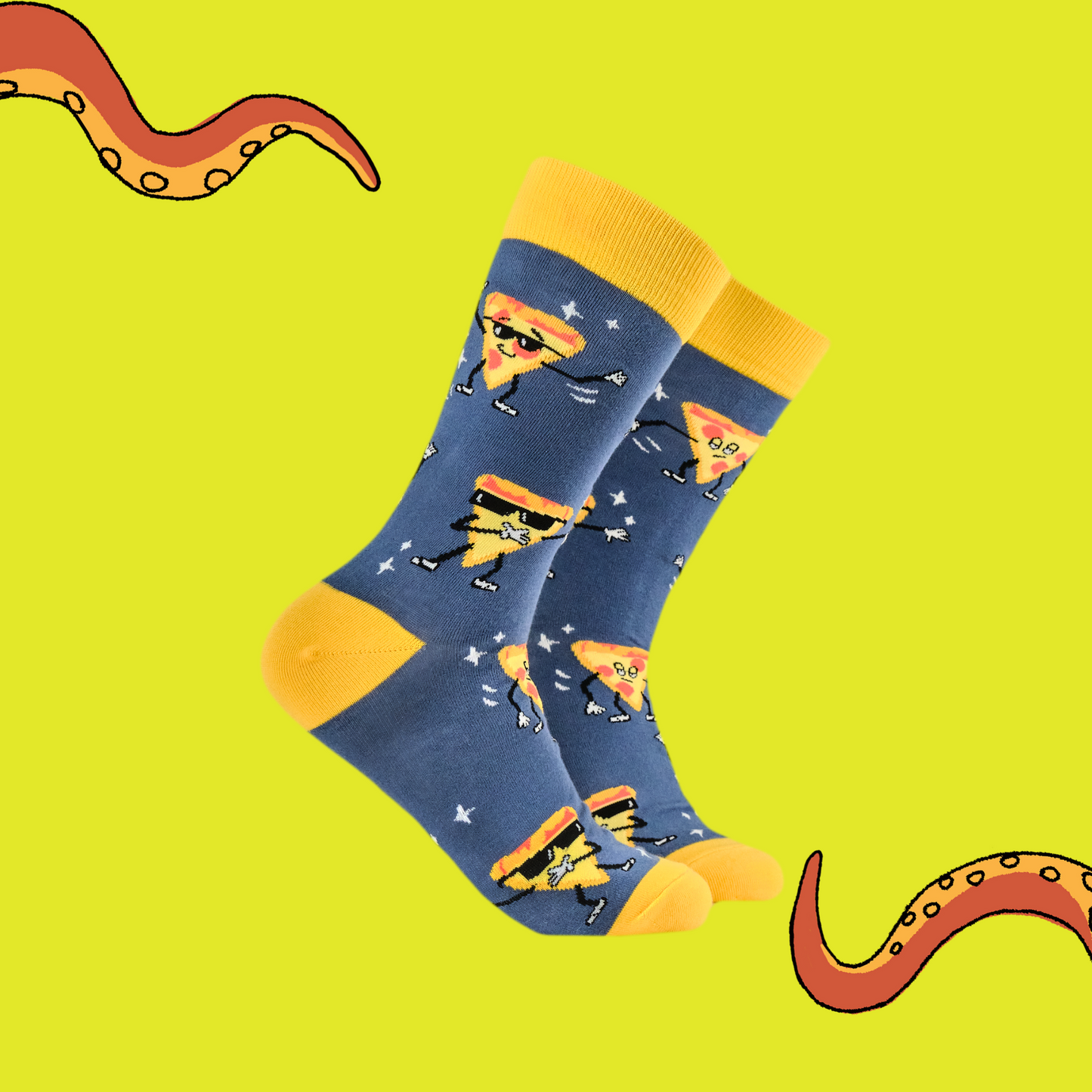A pair of socks featuring a dancing slice of pizza. Blue legs, yellow heel toe and cuff.
