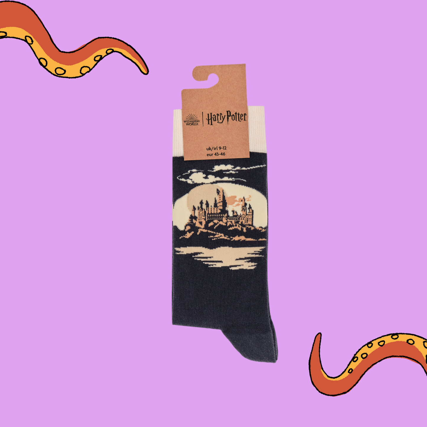 A pair of socks depicting Hogwarts Castle. Grey legs, cream cuff, grey heel and toe. In Soctopus Packaging.