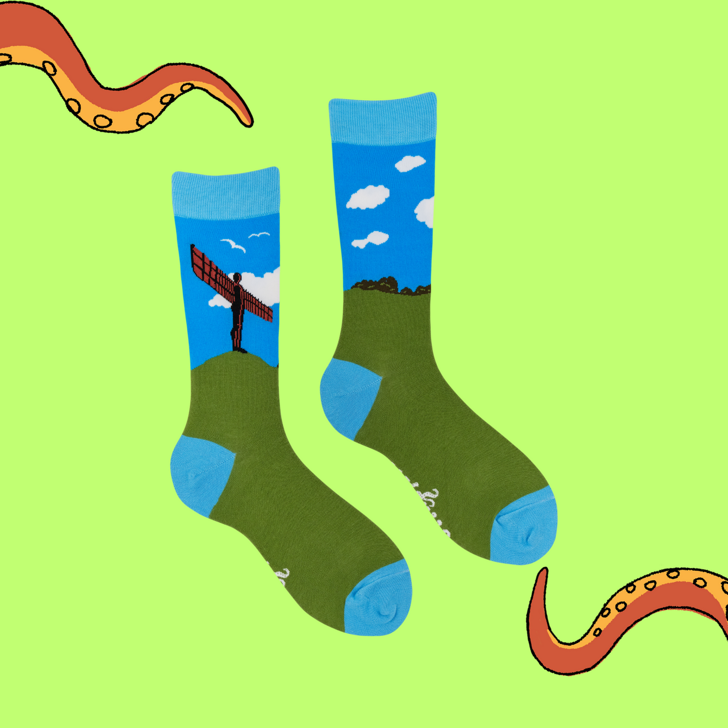 A pair of socks featuring the Angel of The North.