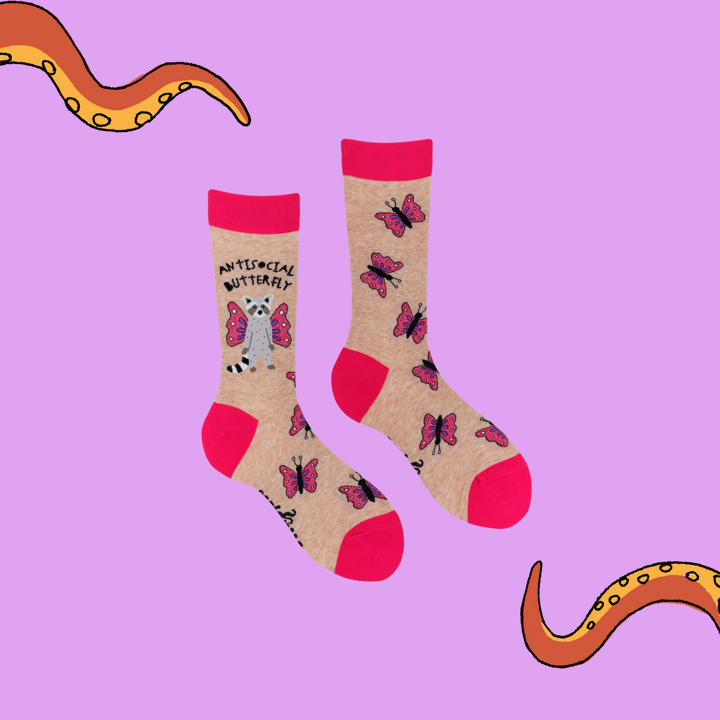 A pair of socks featuring a racoon and butterfly motif. Brown legs, hot pink heel toe and cuff.