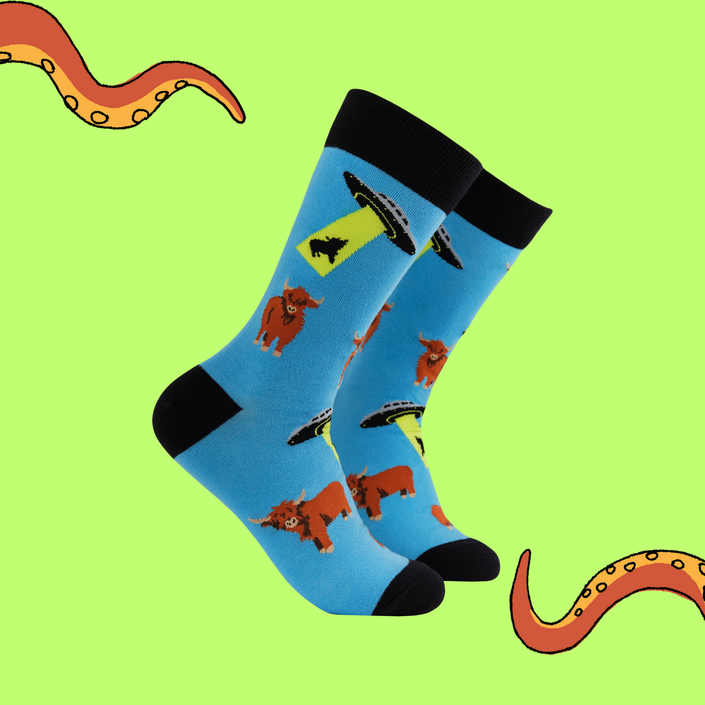 A pair of out of this world socks. Blue legs, black heel, toe and cuff.