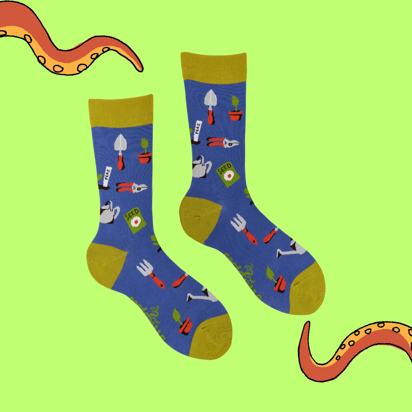 A pair of socks with a gardening motif. Blue legs, yellow heel, toe and cuff.