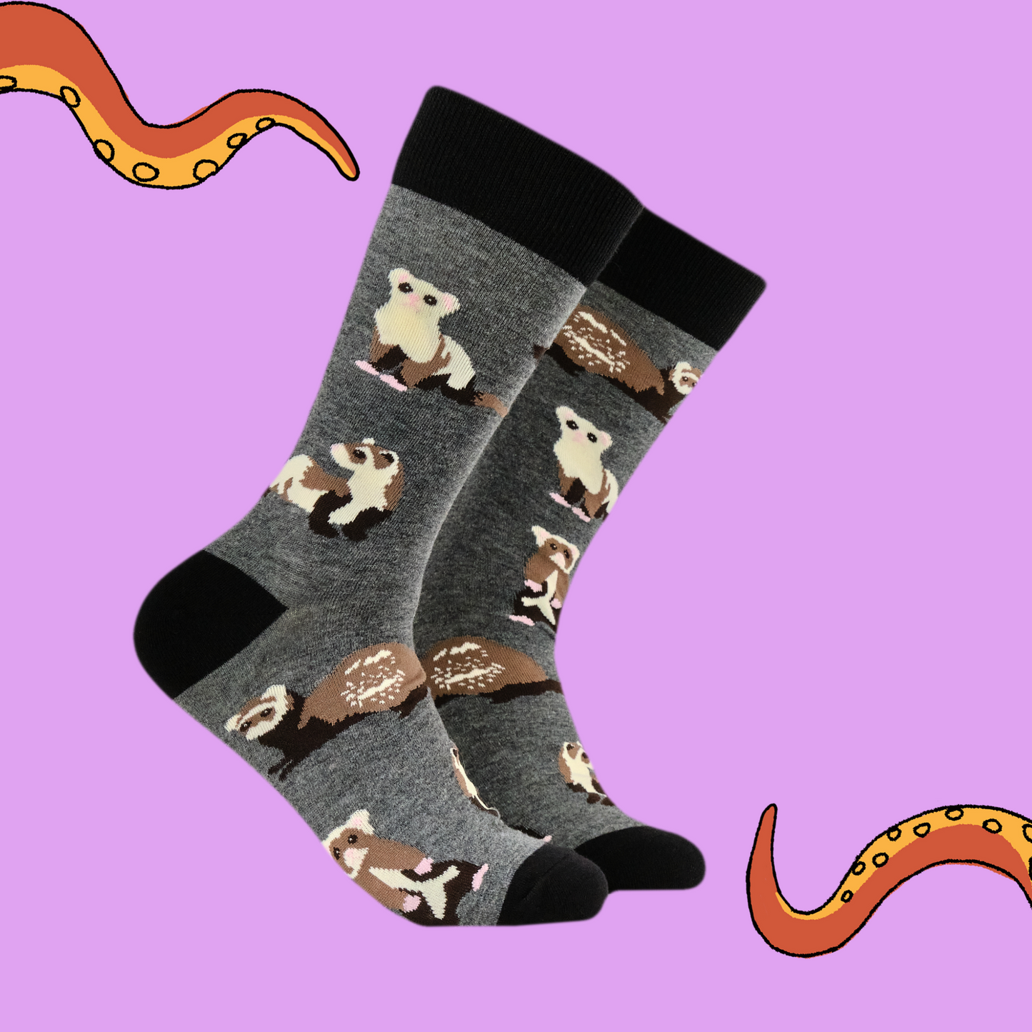 A pair of socks featuring ferrets. Grey legs, black heel, toe and cuff.