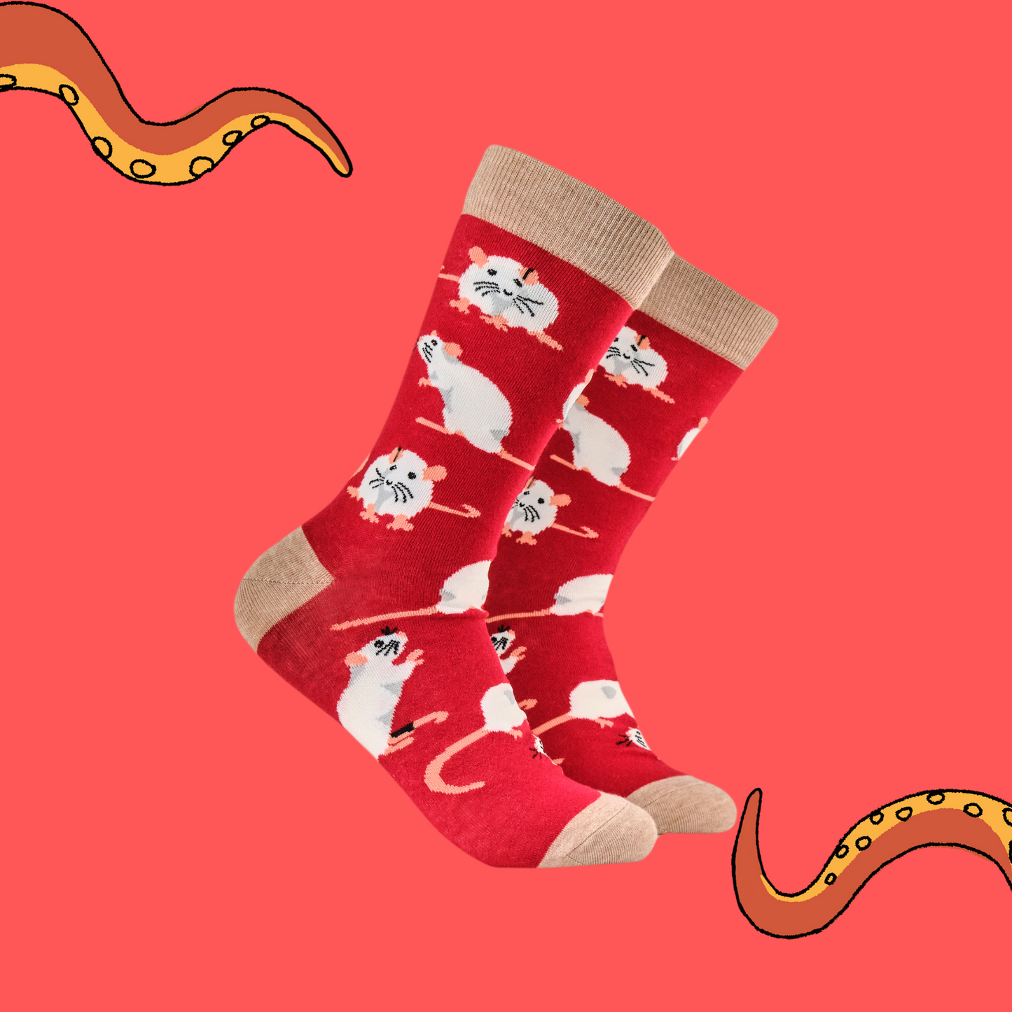 A pair of socks depicting lucky rats. Red legs, brown heel toe and cuff.