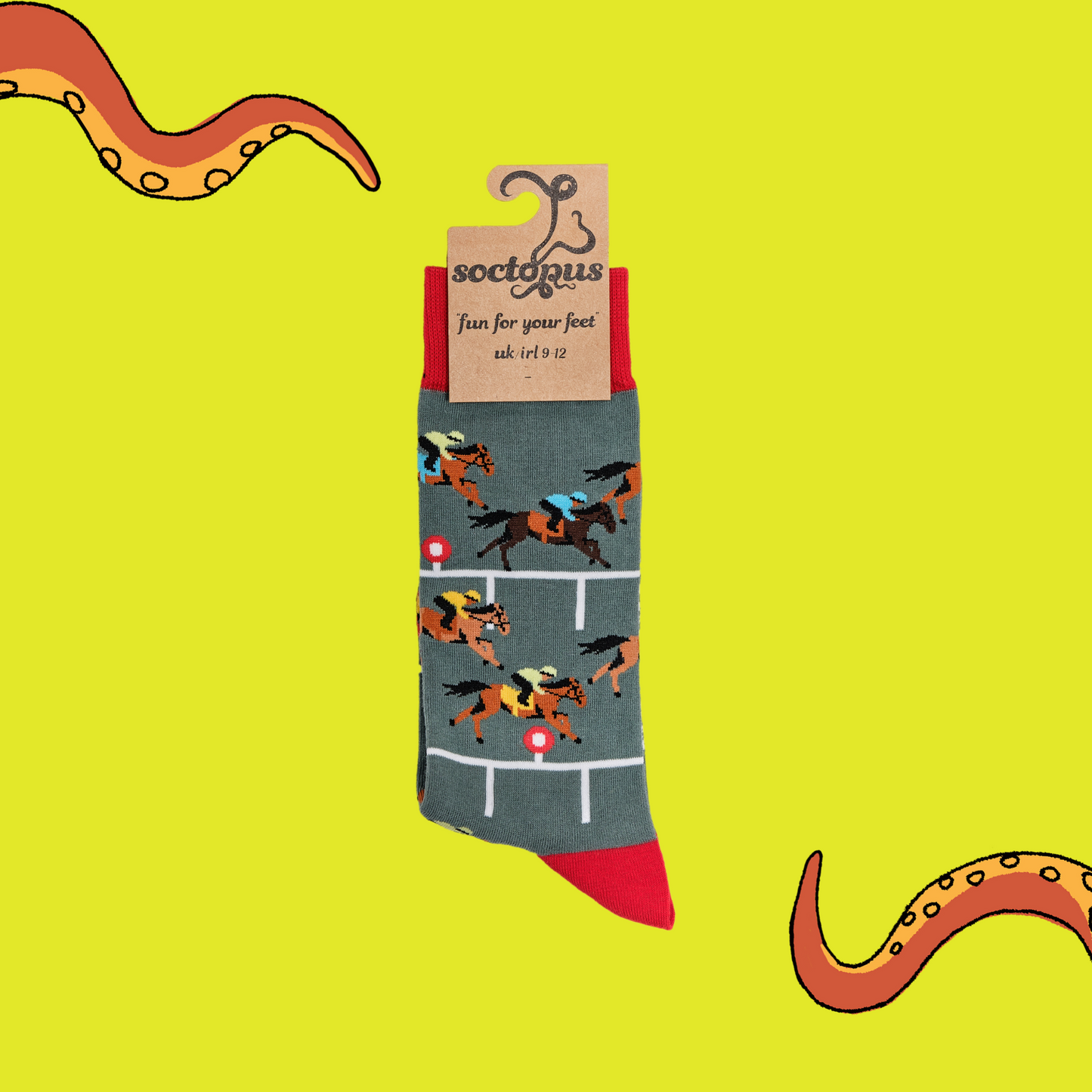 A pair of socks depicting horse racing. Grey legs, red cuff and, heel and toe. In Soctopus Packaging.