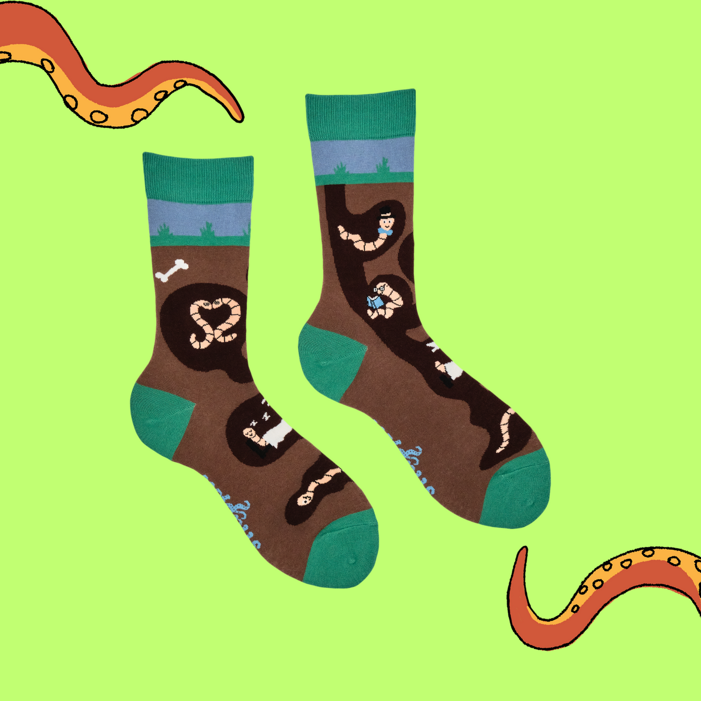 Wormery Socks. A pair of socks featuring earthworms. Brown legs, green heel, toe and cuff.