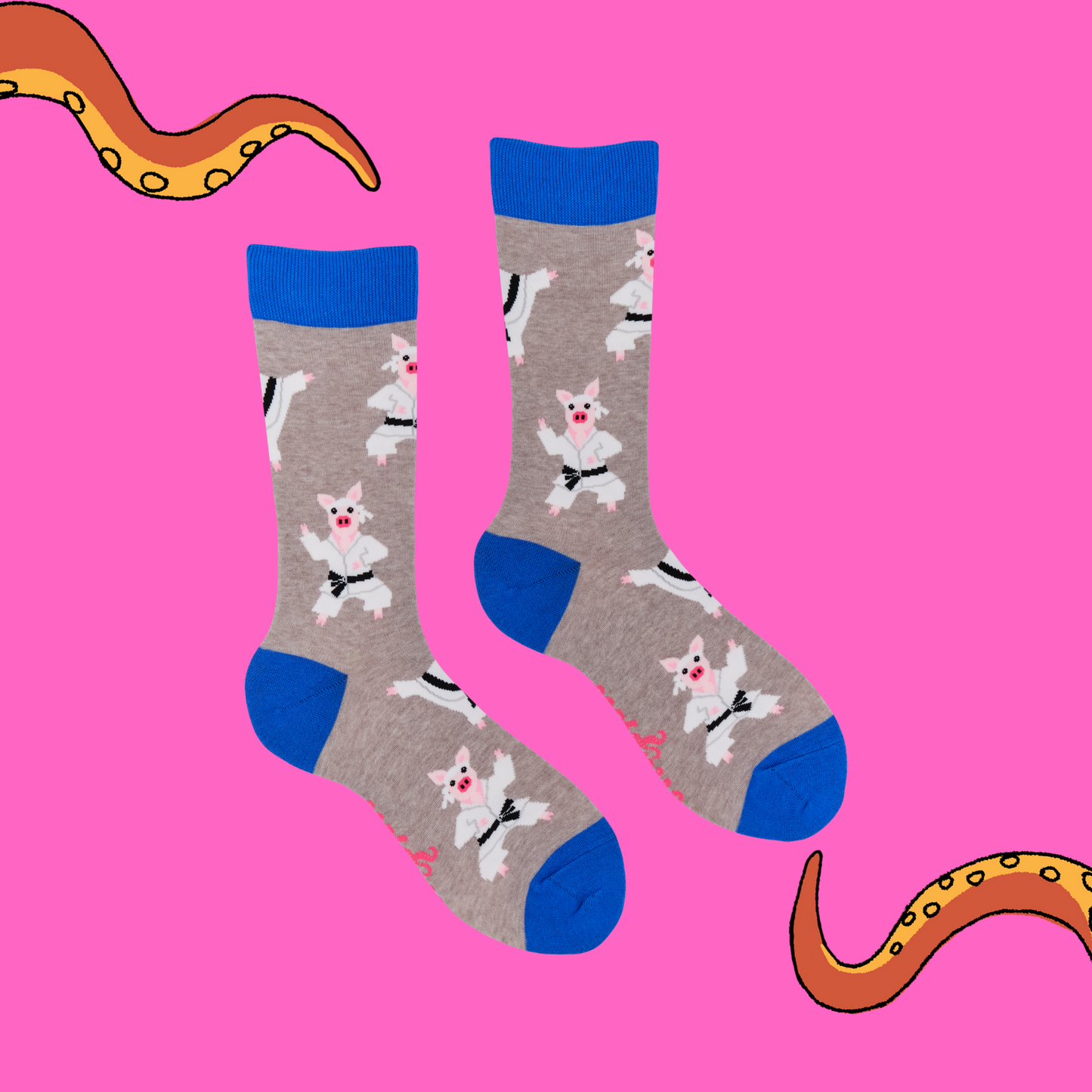 A pair of socks featuring pigs in karate gear. Grey legs, blue heel, toe and cuff.