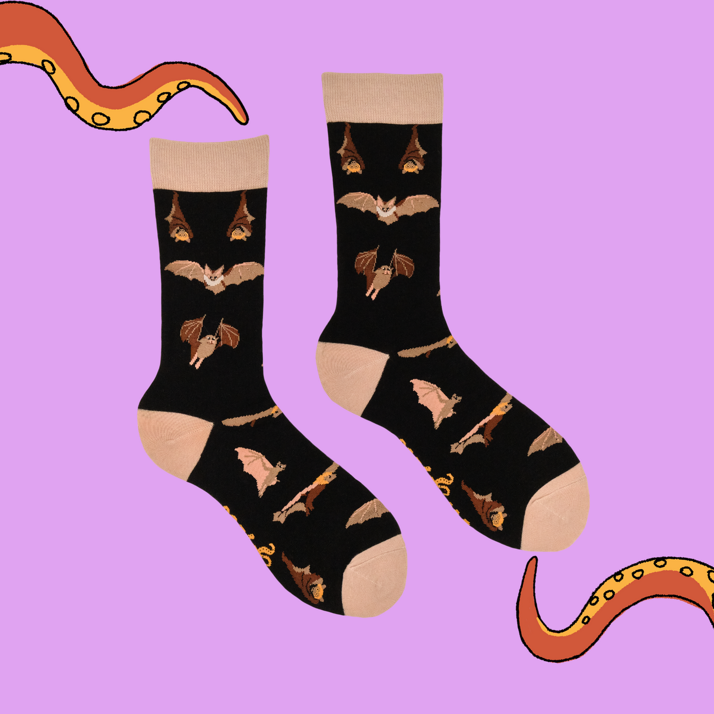 A pair of socks featuring a bat motif. Dark brown legs, light brown heel, toe and cuff.