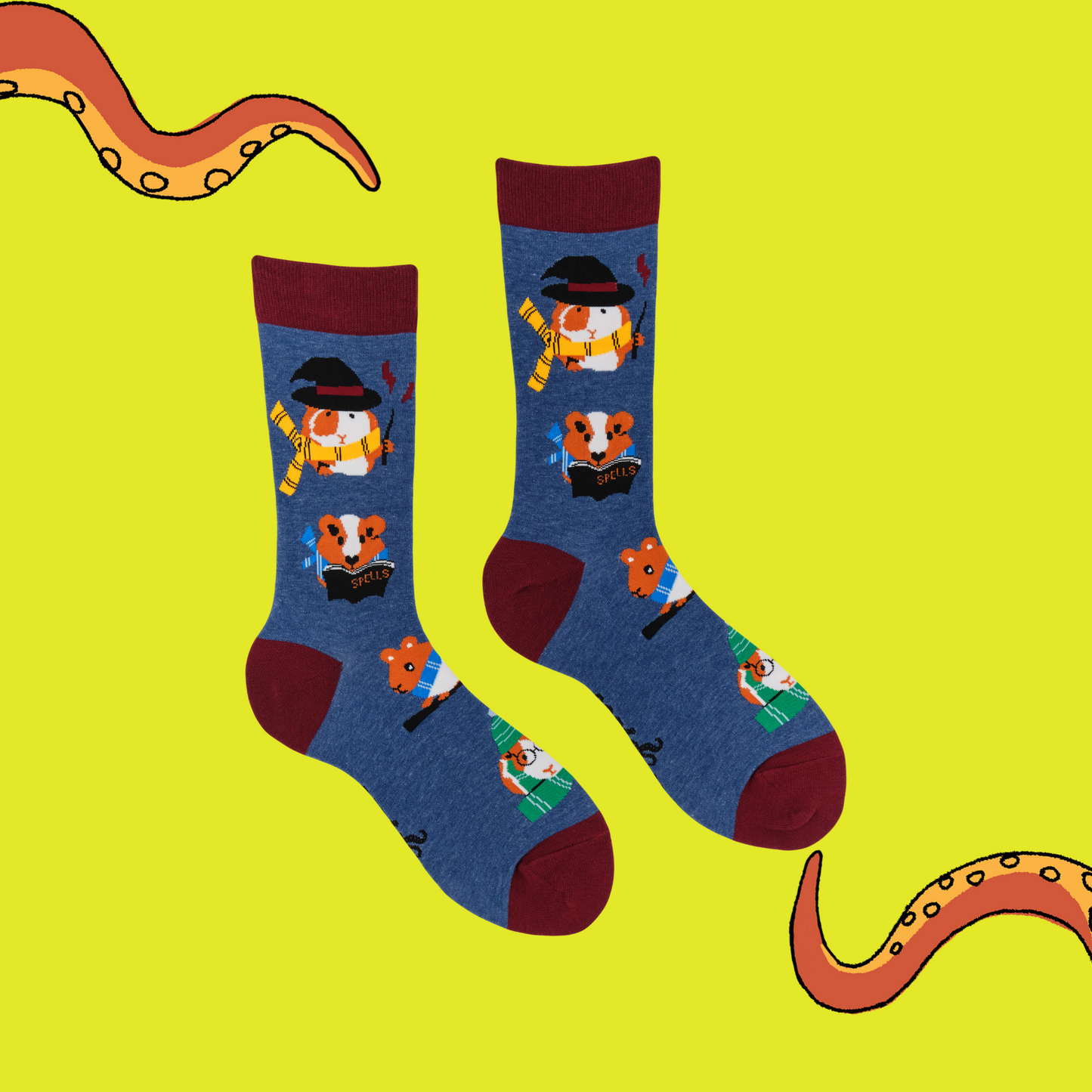 A pair of socks featuring magical piggies. Blue legs, brown heel, toe and cuff.
