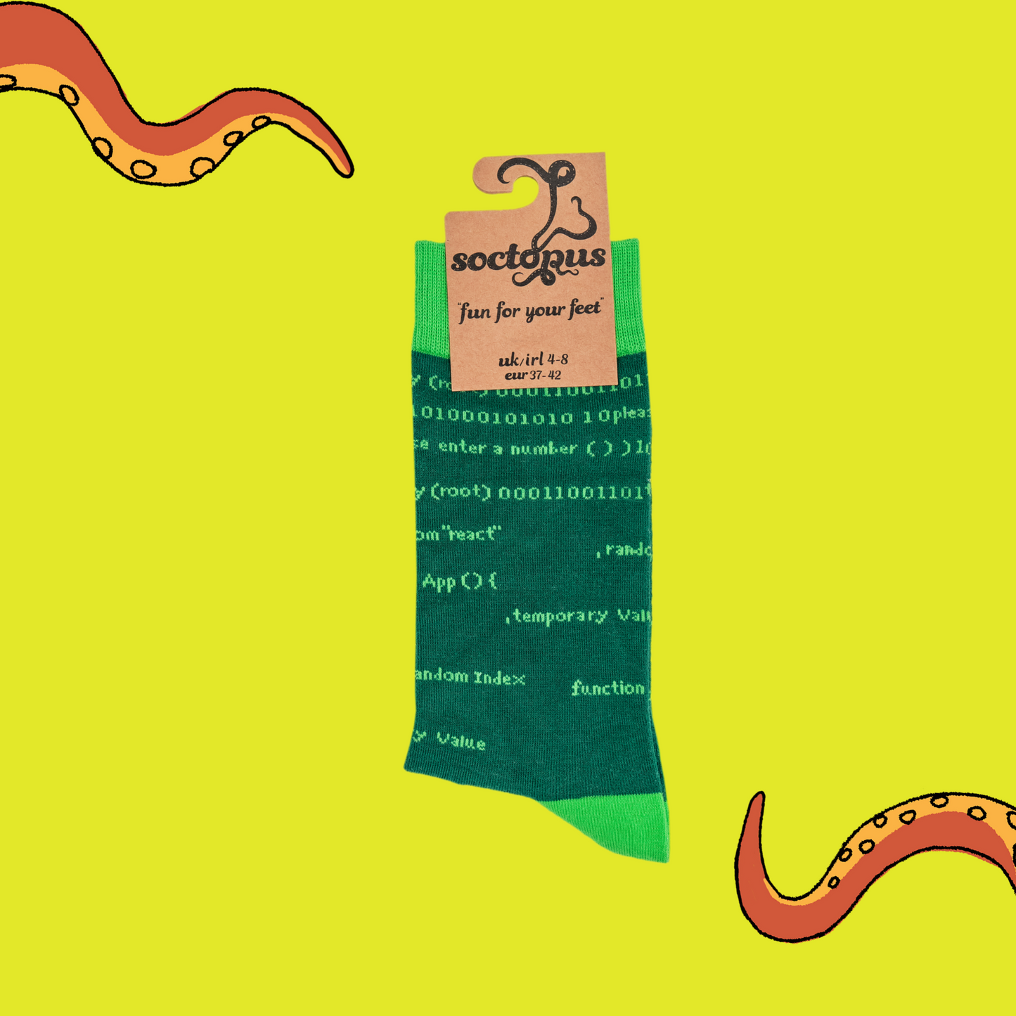 A pair of socks depicting HTML code and circuit boards. Green legs, light green cuff, heel and toe. In Soctopus Packaging.