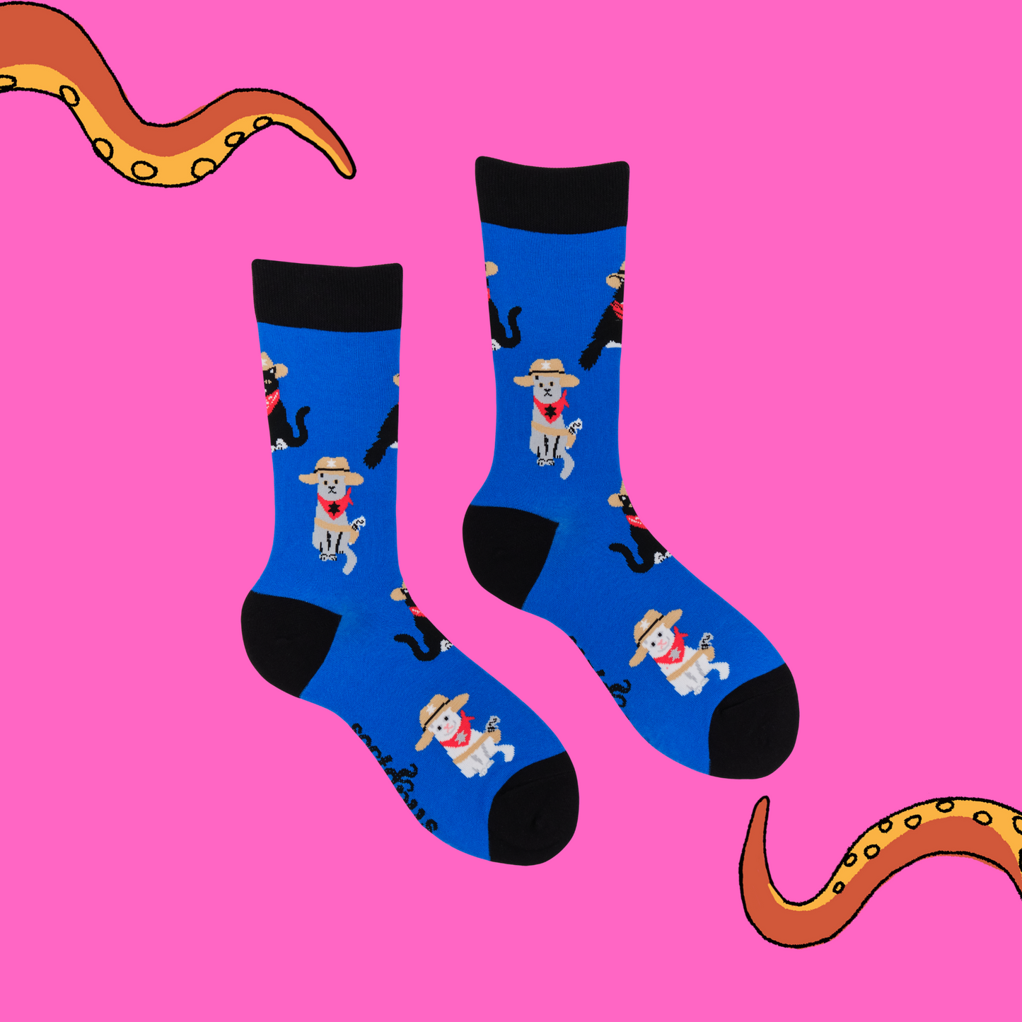 A pair of socks featuring a cat with a sheriff's outfit. Blue legs, black heel, toe and cuff.